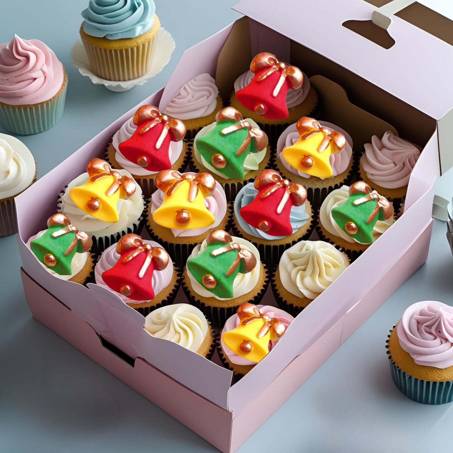Box of cupcakes with colorful edible bell decorations on a light blue background