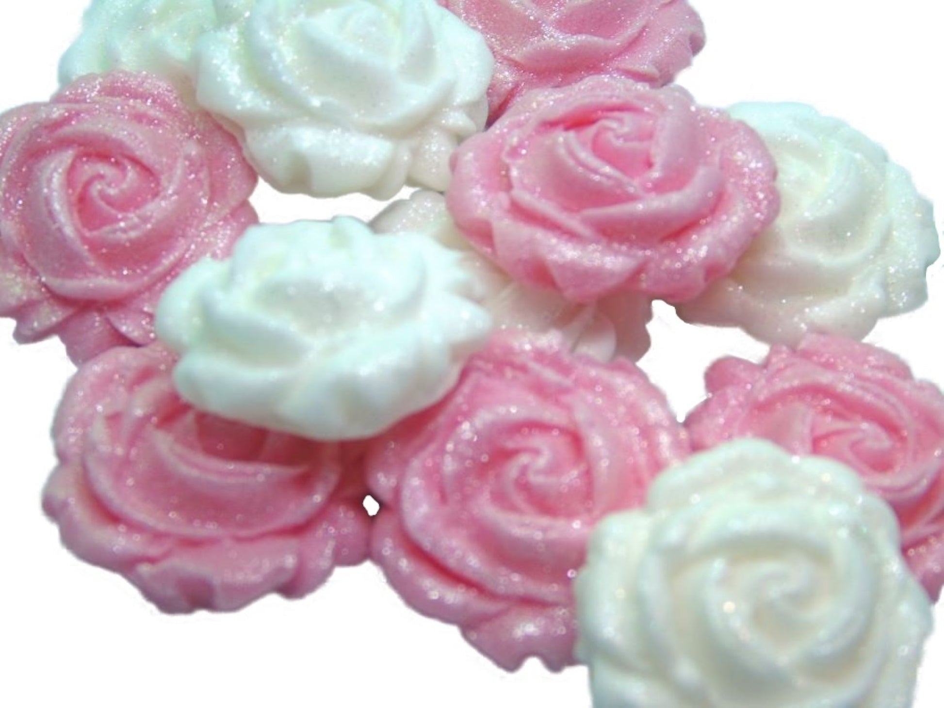 12 Vegan Glittered Pink & White Mix Coloured Roses Cupcake Toppers