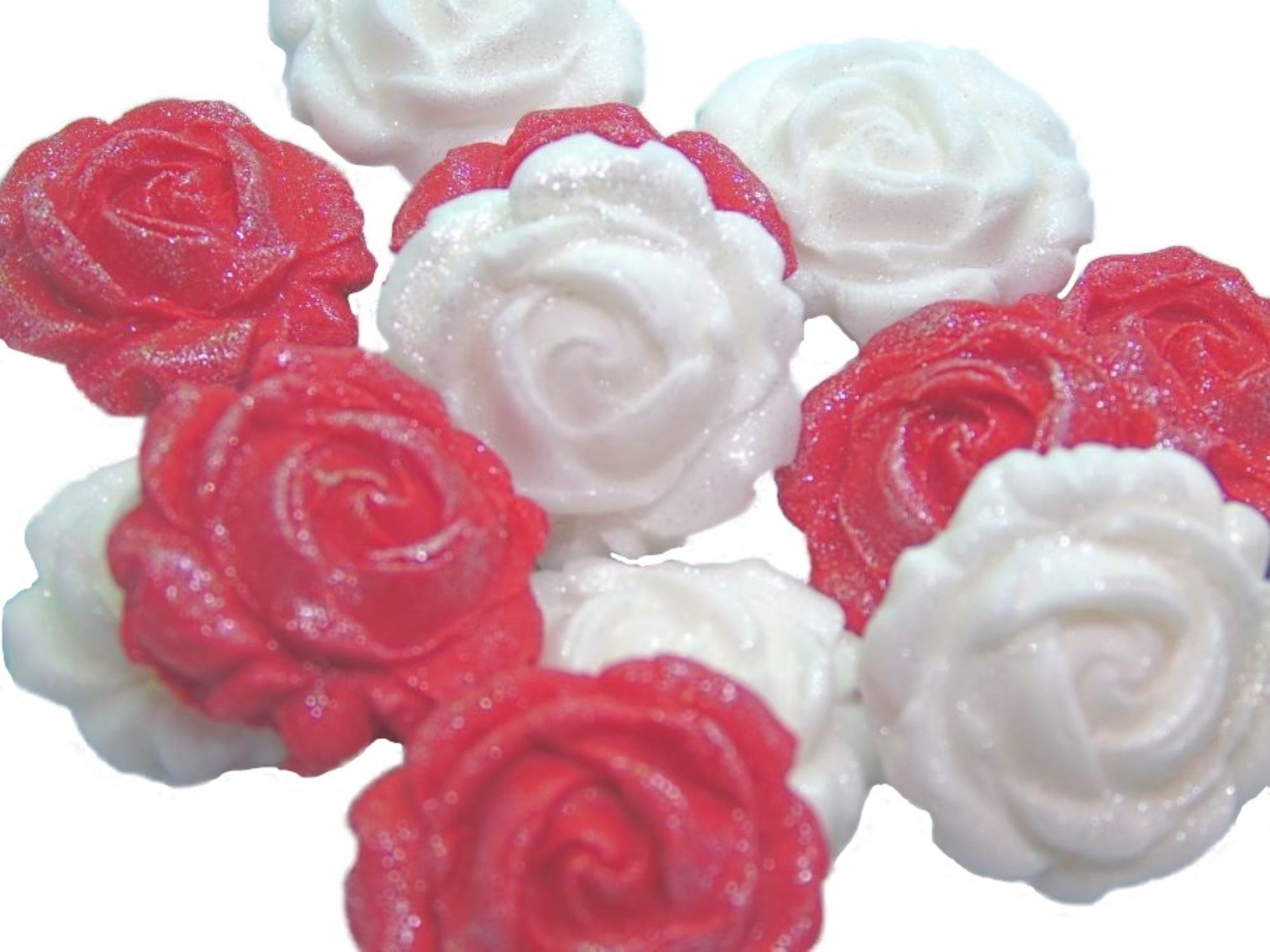12 Vegan Glittered Red & White Mix Coloured Roses Cupcake Toppers