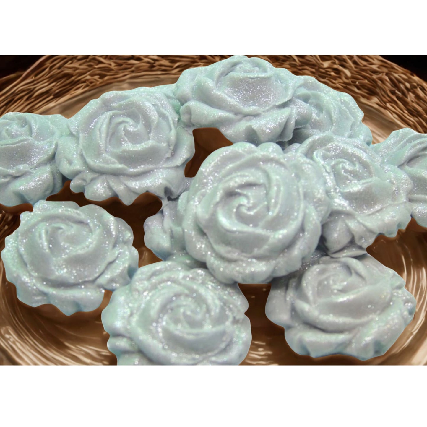 12 Glittered silver Roses Vegan Birthday Cupcake Toppers on a gold plate