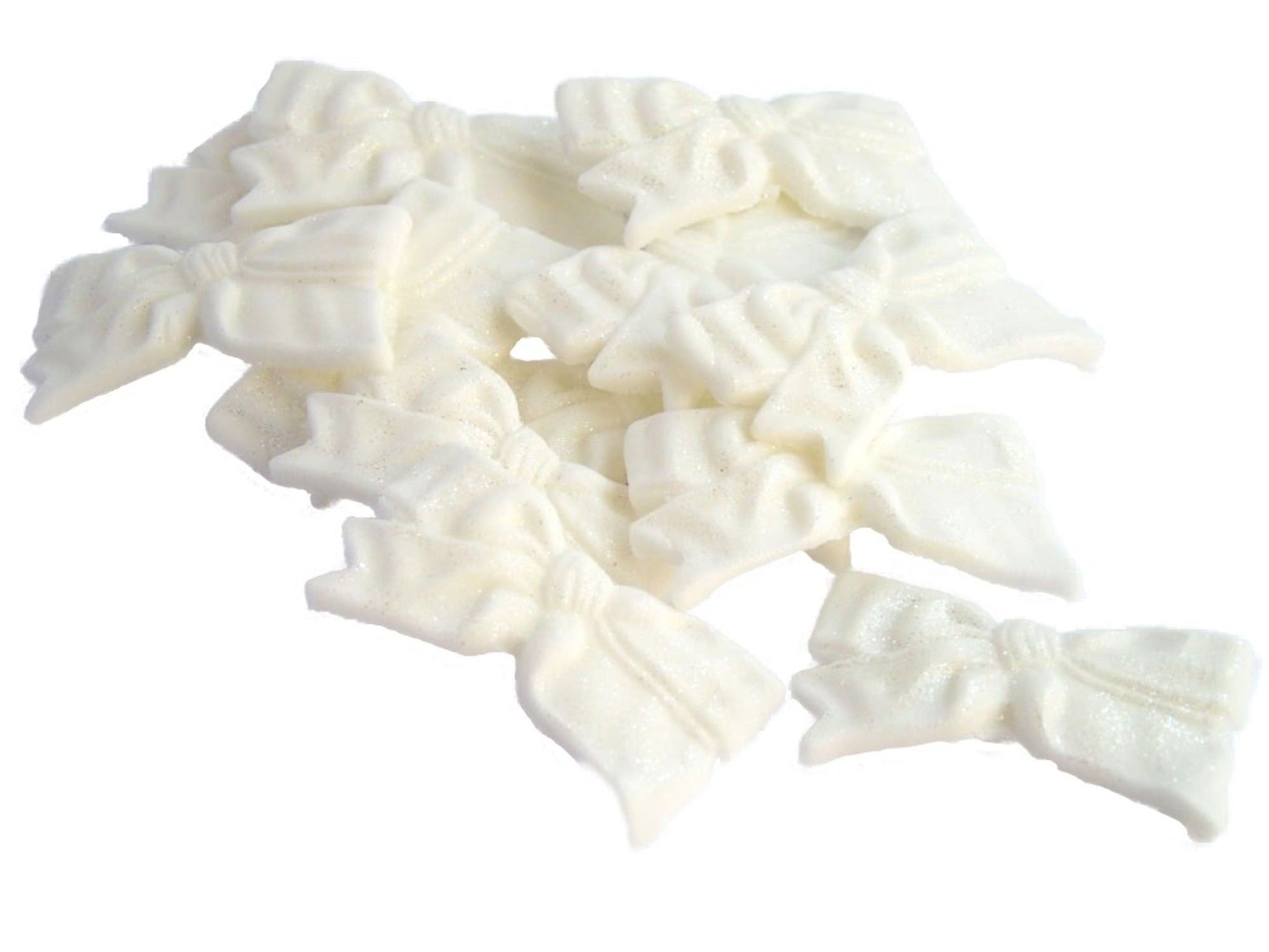 12 Edible White Fine Glittered Bows Cupcake Toppers