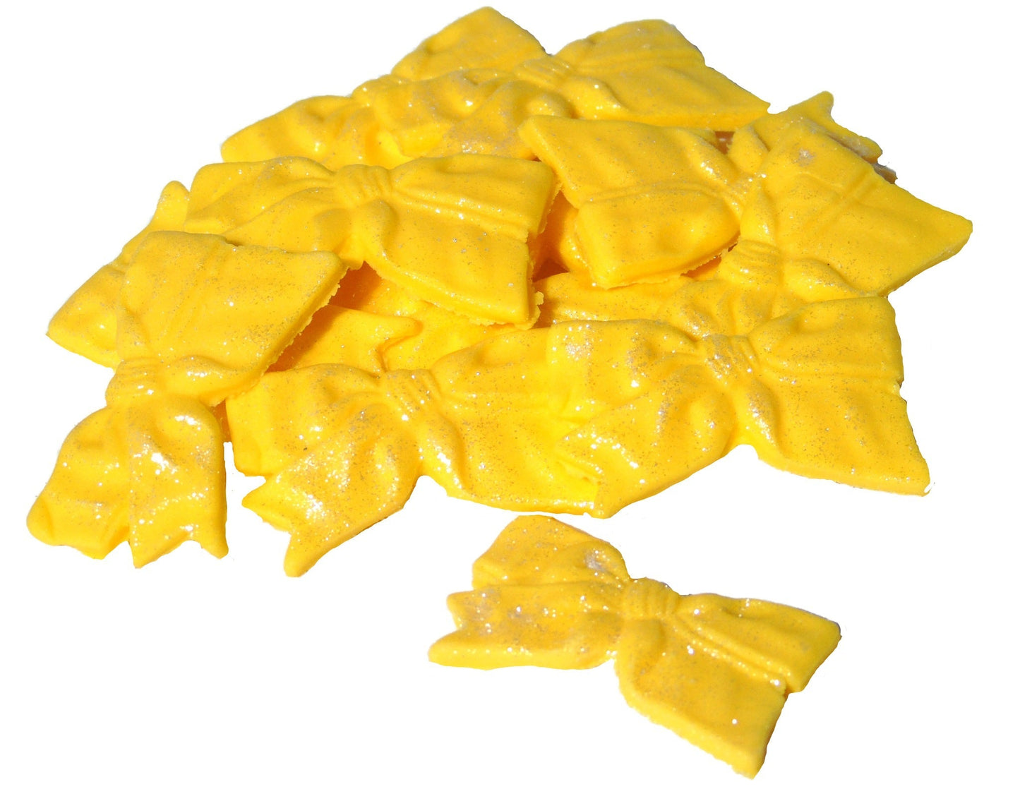 12 Edible Yellow Fine Glittered Bows Cupcake Toppers