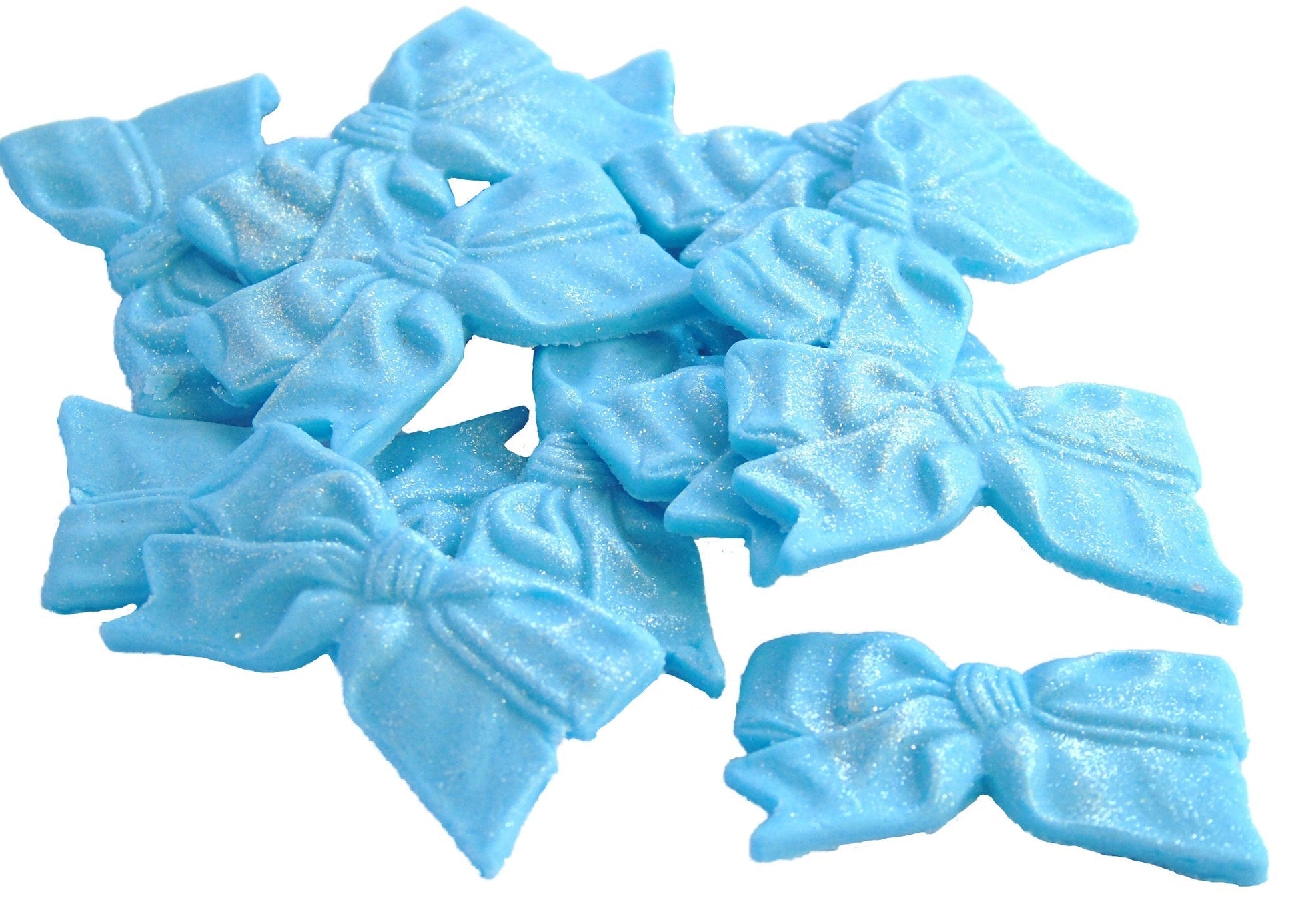 12 Edible Blue Fine Glittered Bows Cupcake Toppers