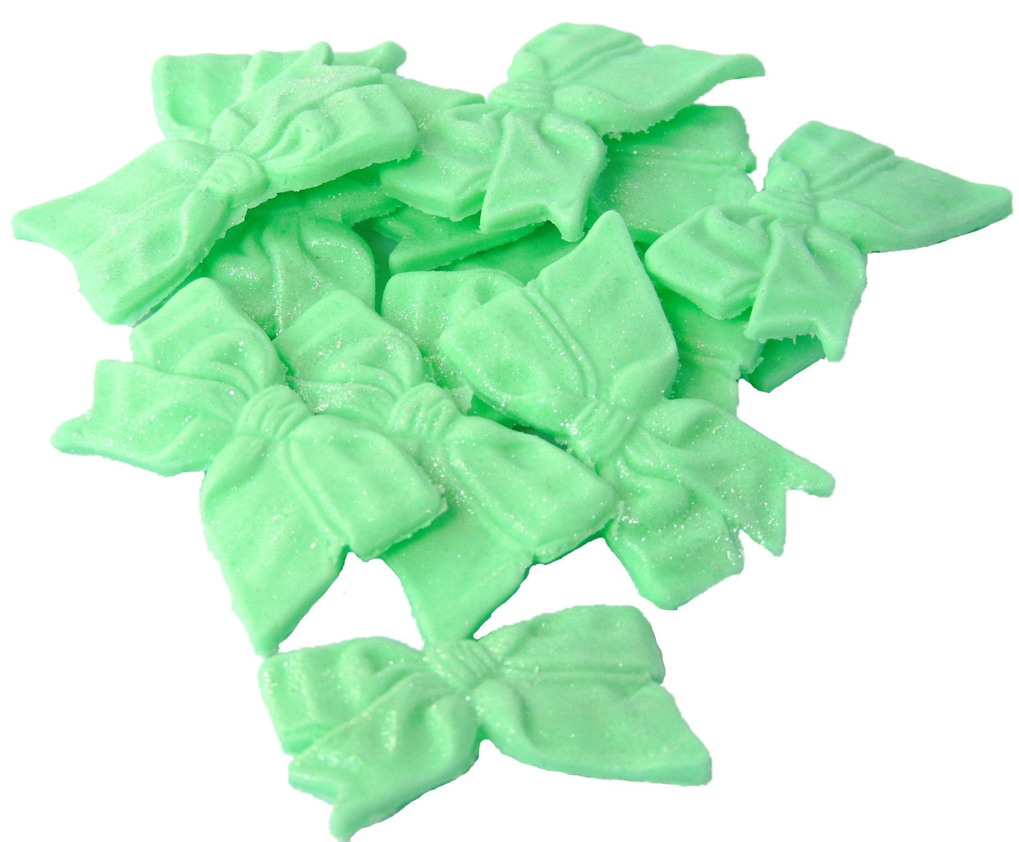 12 Edible Green Fine Glittered Bows Cupcake Toppers