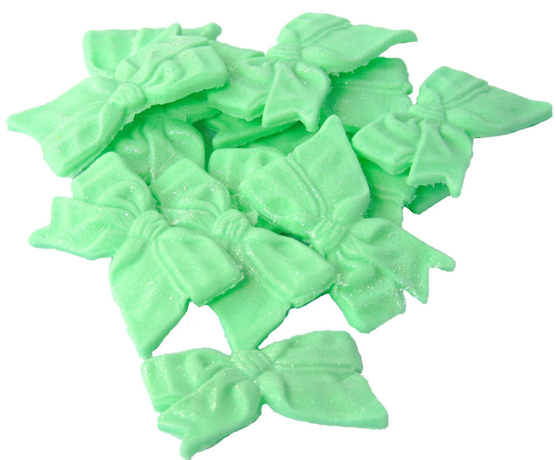 12 Edible Green Fine Glittered Bows Cupcake Toppers