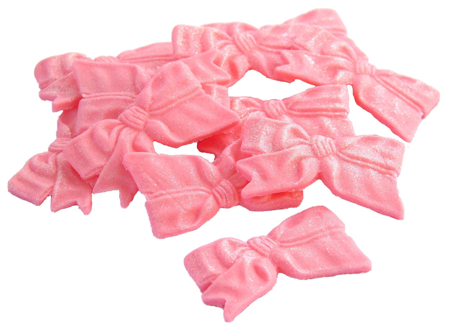 12 Edible Pink Fine Glittered Bows Cupcake Toppers