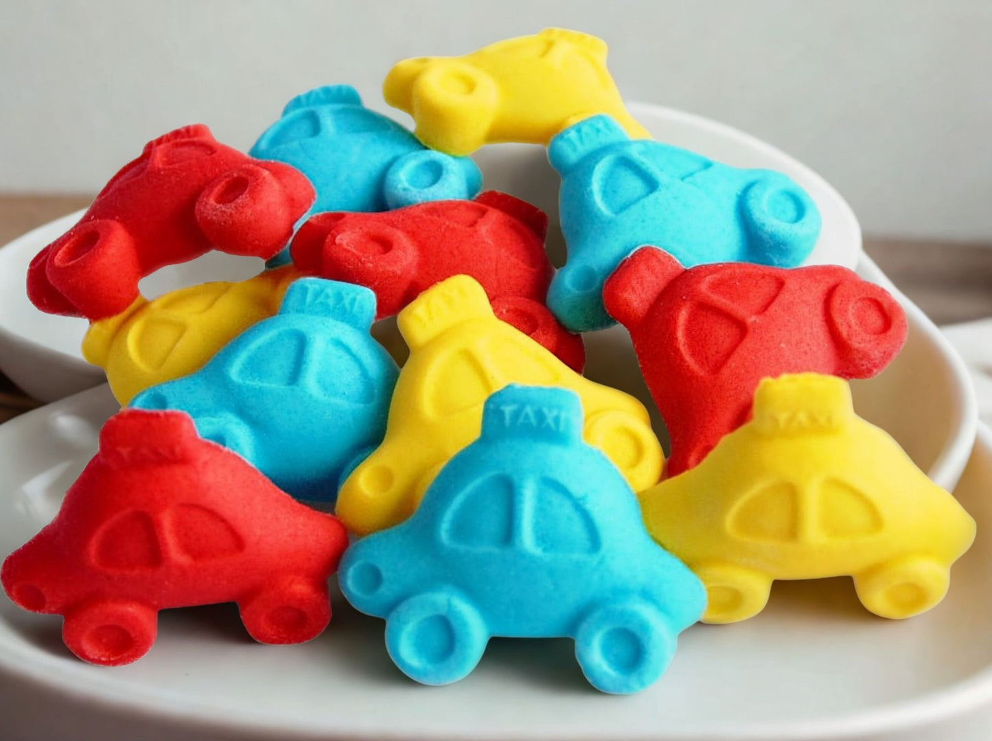 12 Mixed coloured cars with a taxi sign great cupcake toppers