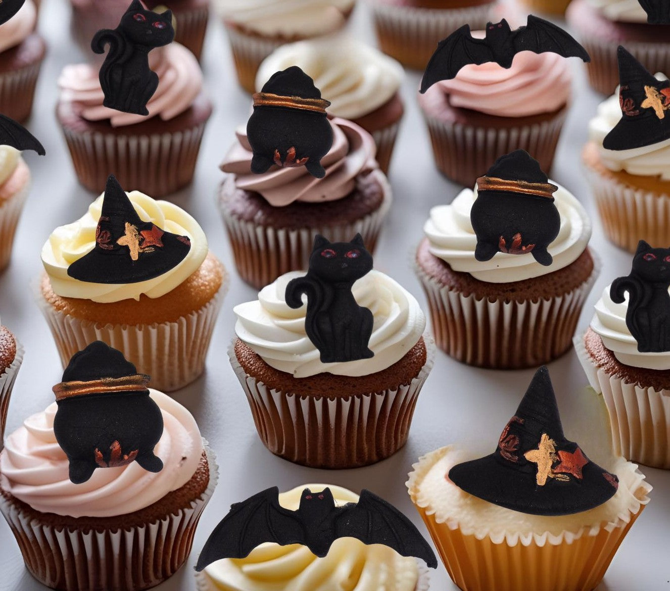 Halloween edible toppers, witches hats, cats, cauldrons and bats on a white background