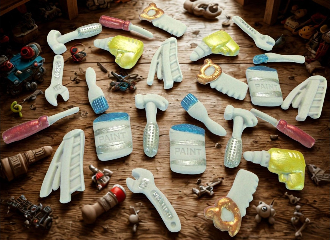 24 Small edible work tools cupcake toppers on a wooden background