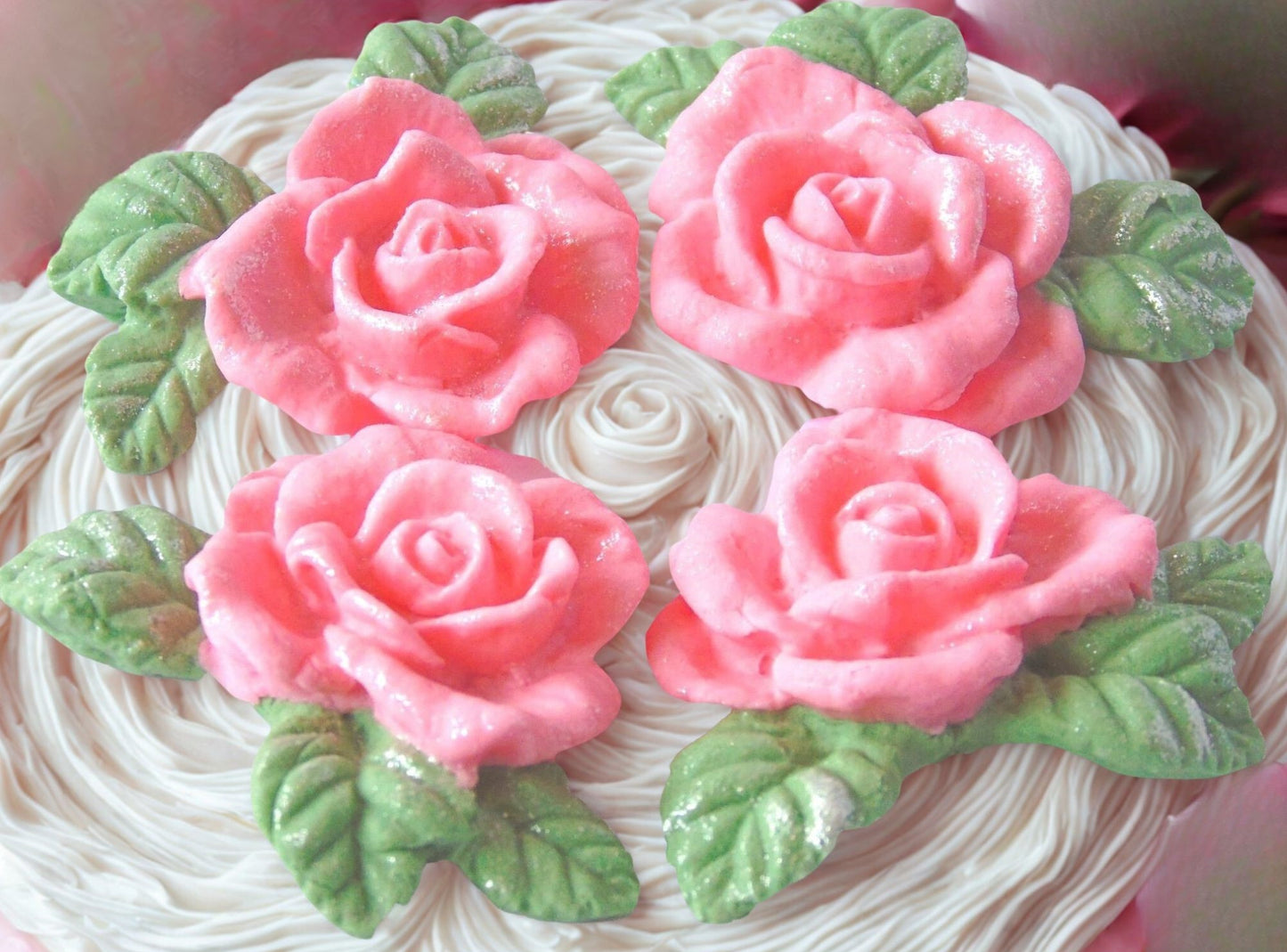 Set 4 Glittered Rose Garland Wedding Edible Rose Toppers