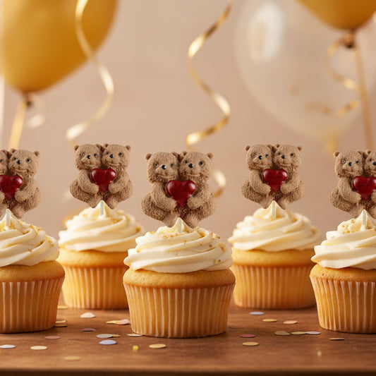 Set of teddy bears holding red hearts sitting on cupcakes with a party a white background