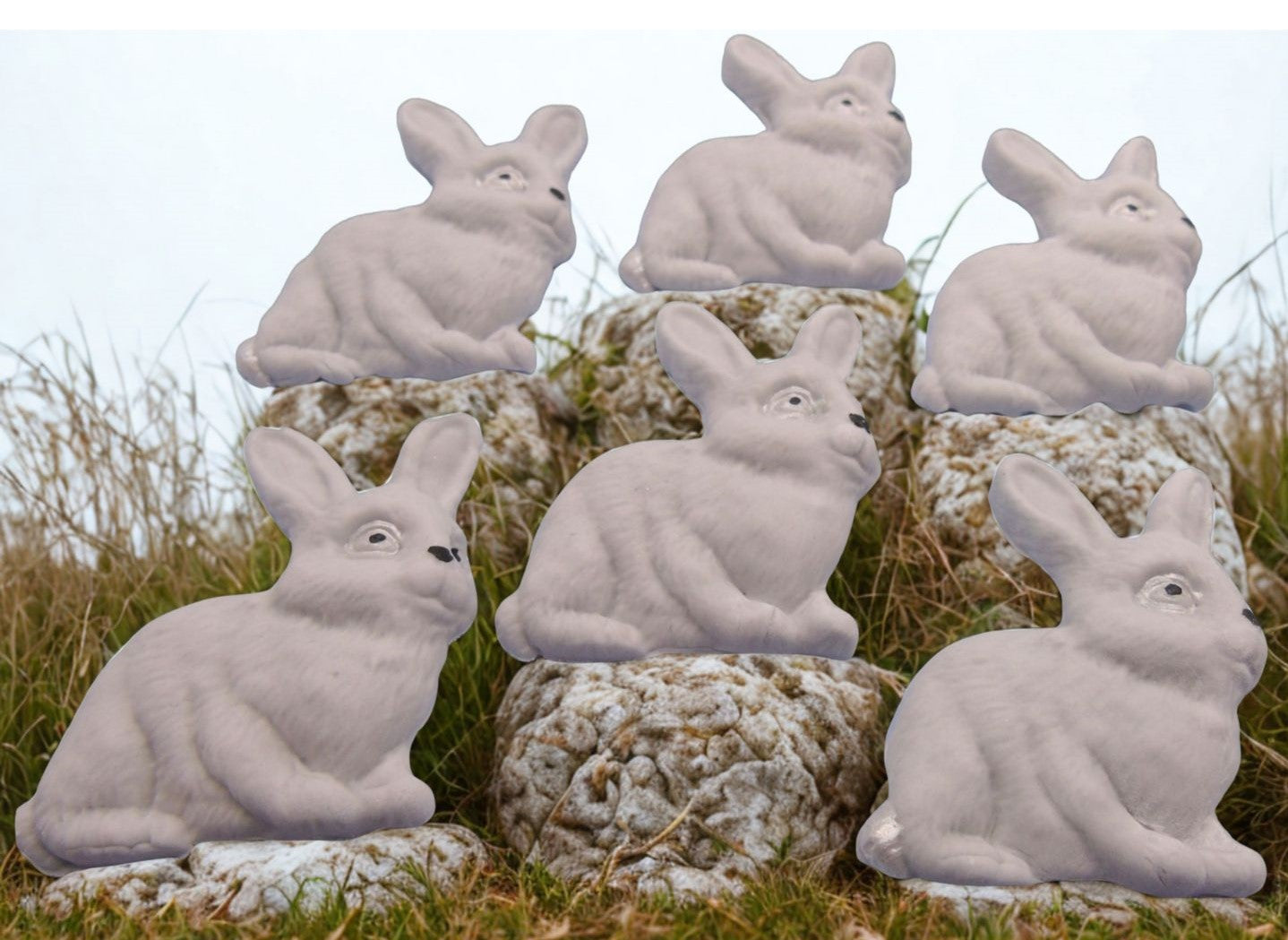 Set of six grey rabbit cupcake decorations on a natural background