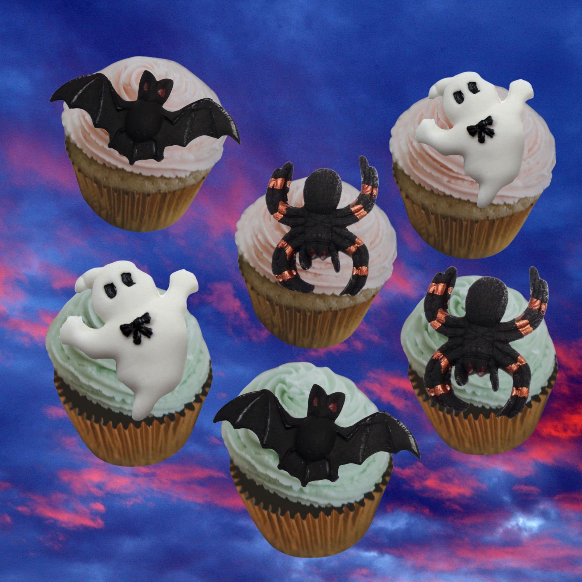Halloween-themed cupcakes with bats, ghosts, and spiders on a colorful background