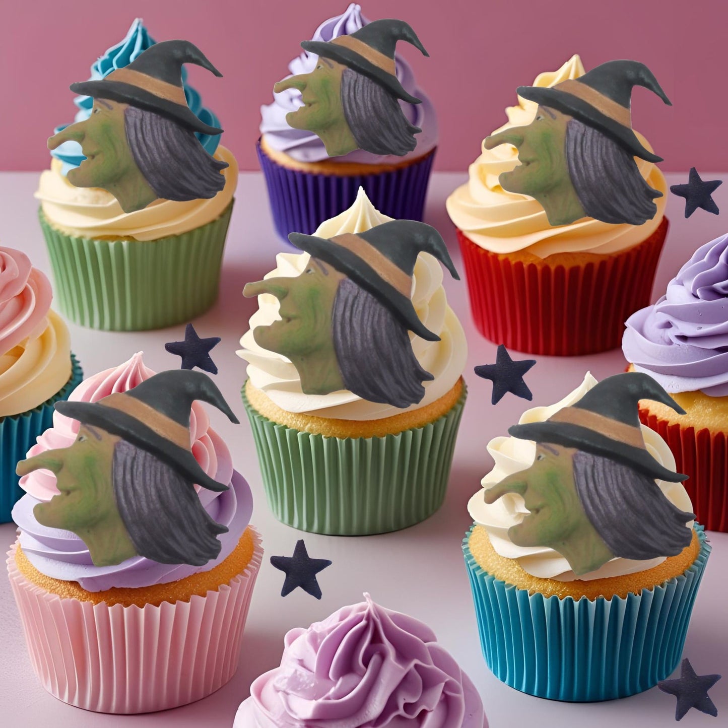 Cupcakes with witches on a pink background