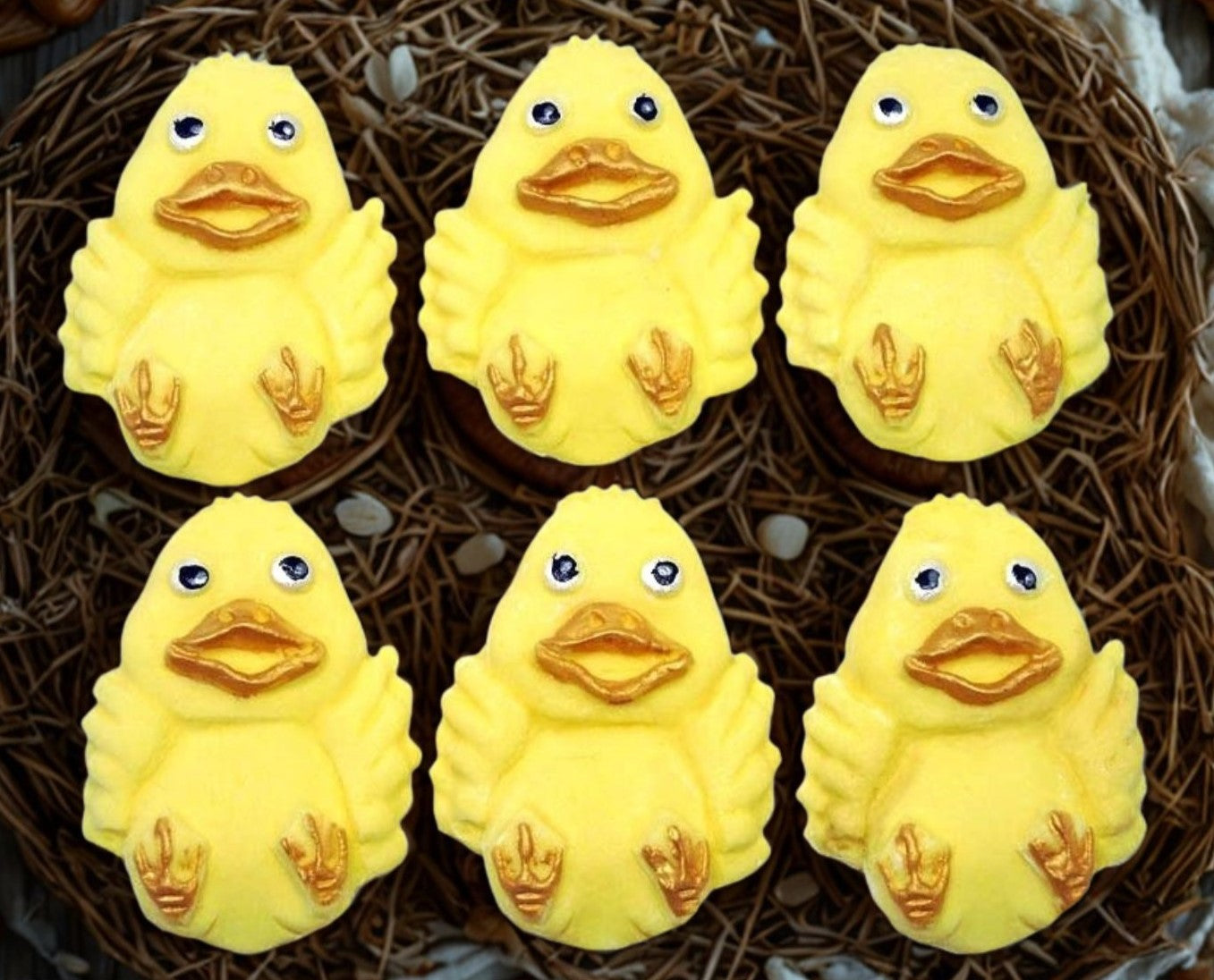 6 yellow happy ducks images shown them on a basket of straw