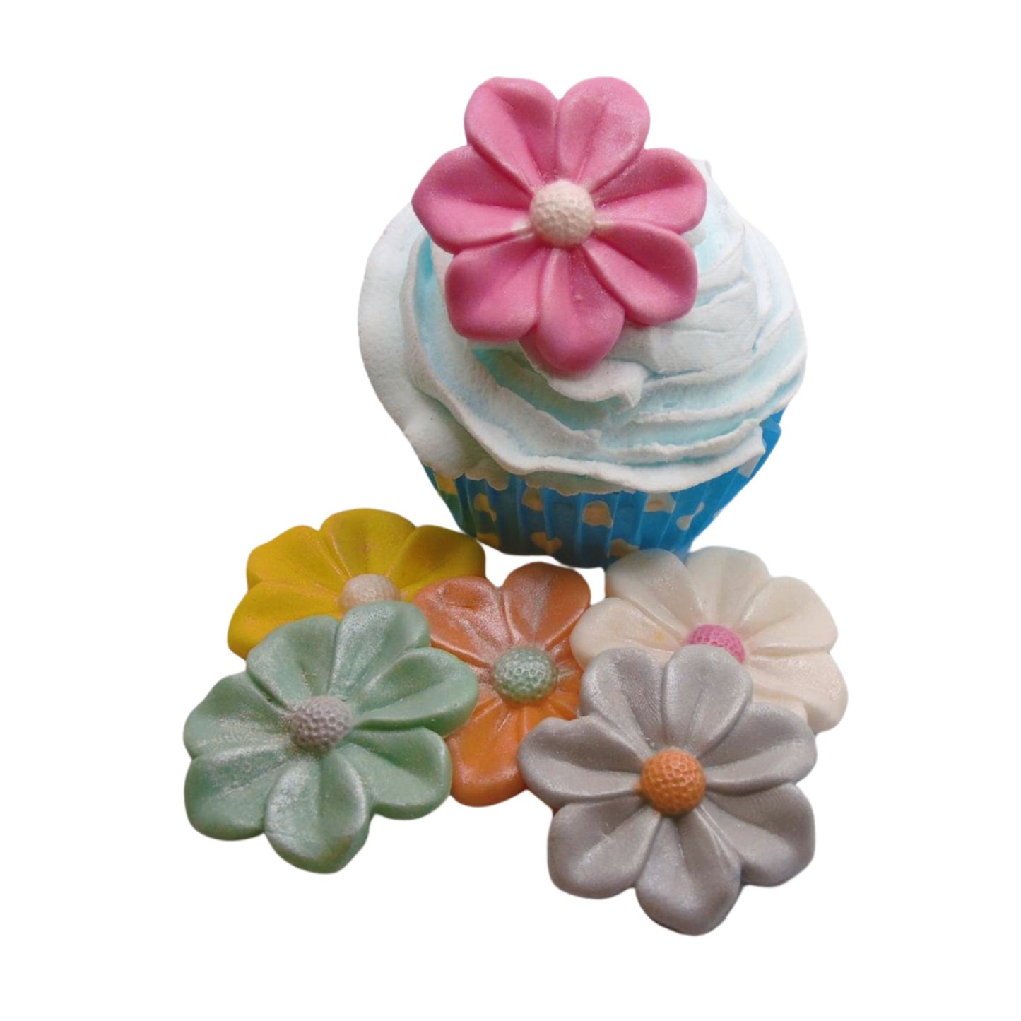 6 Large Glittered Pastel Flowers Cake Cupcake Decorations