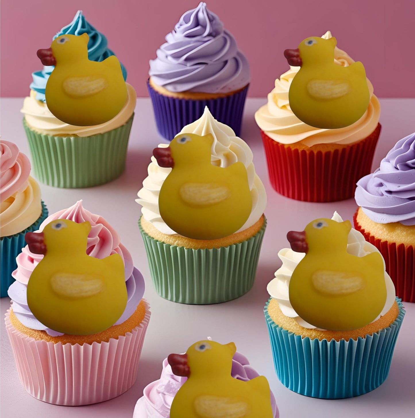 Duck cupcakes toppers on a colorful frosting on a pink background