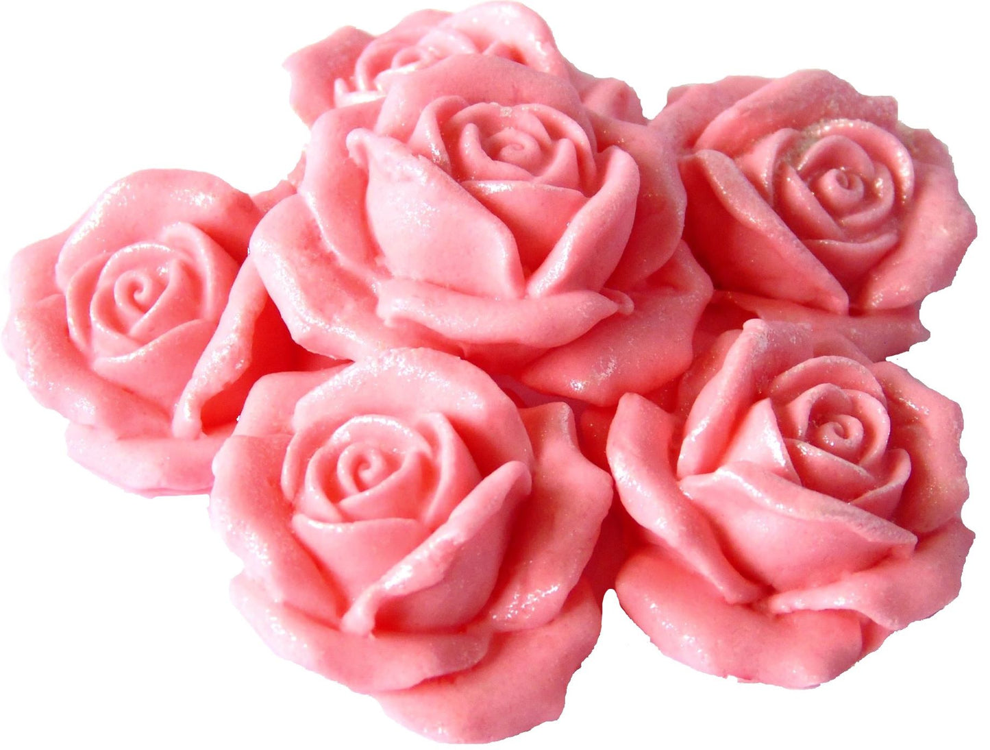 6 Pink Glittered edible large roses vegan dairy free & gluten free decorations