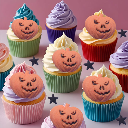 Halloween-themed cupcakes with pumpkin faces on colorful frosting on a pink background