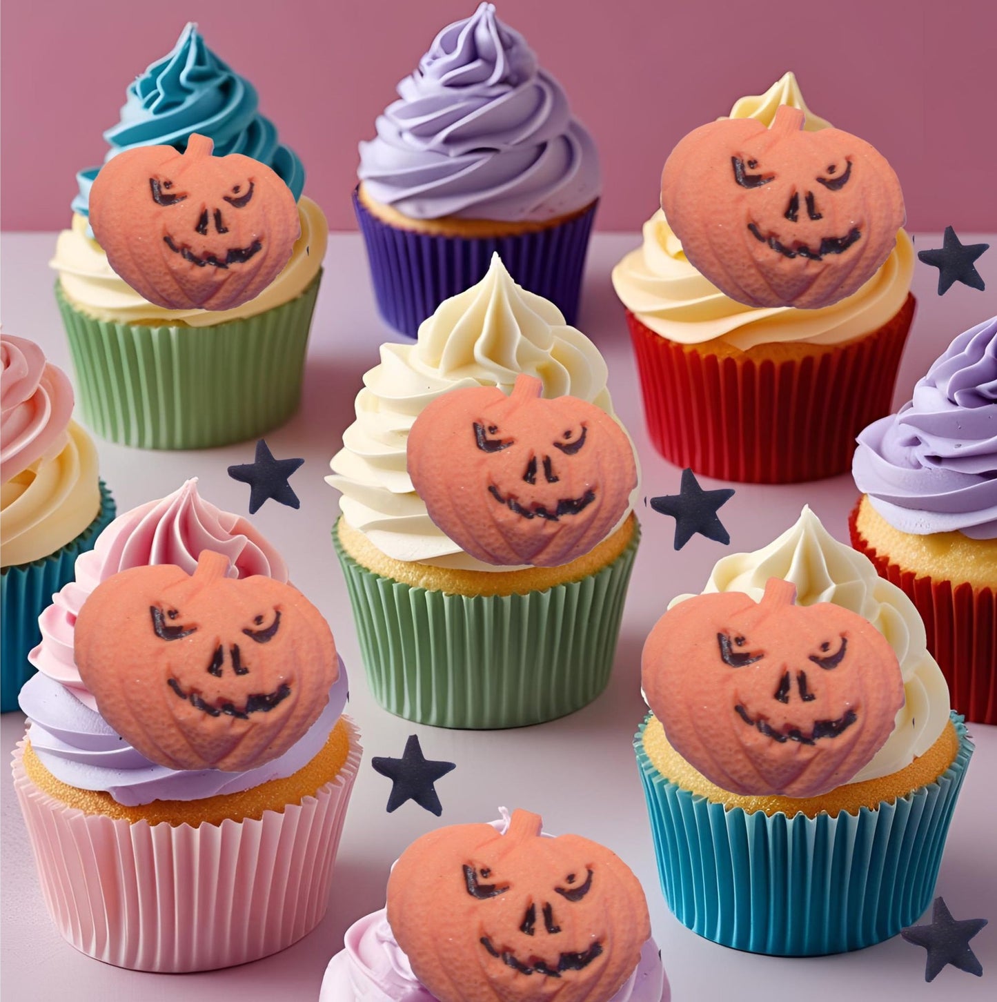 Halloween-themed cupcakes with pumpkin faces on colorful frosting on a pink background