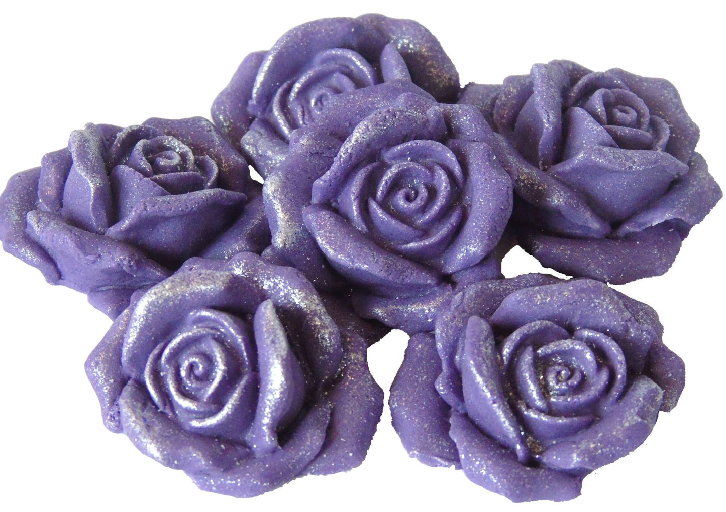6 Purple Glittered edible large roses vegan dairy free & gluten free decorations