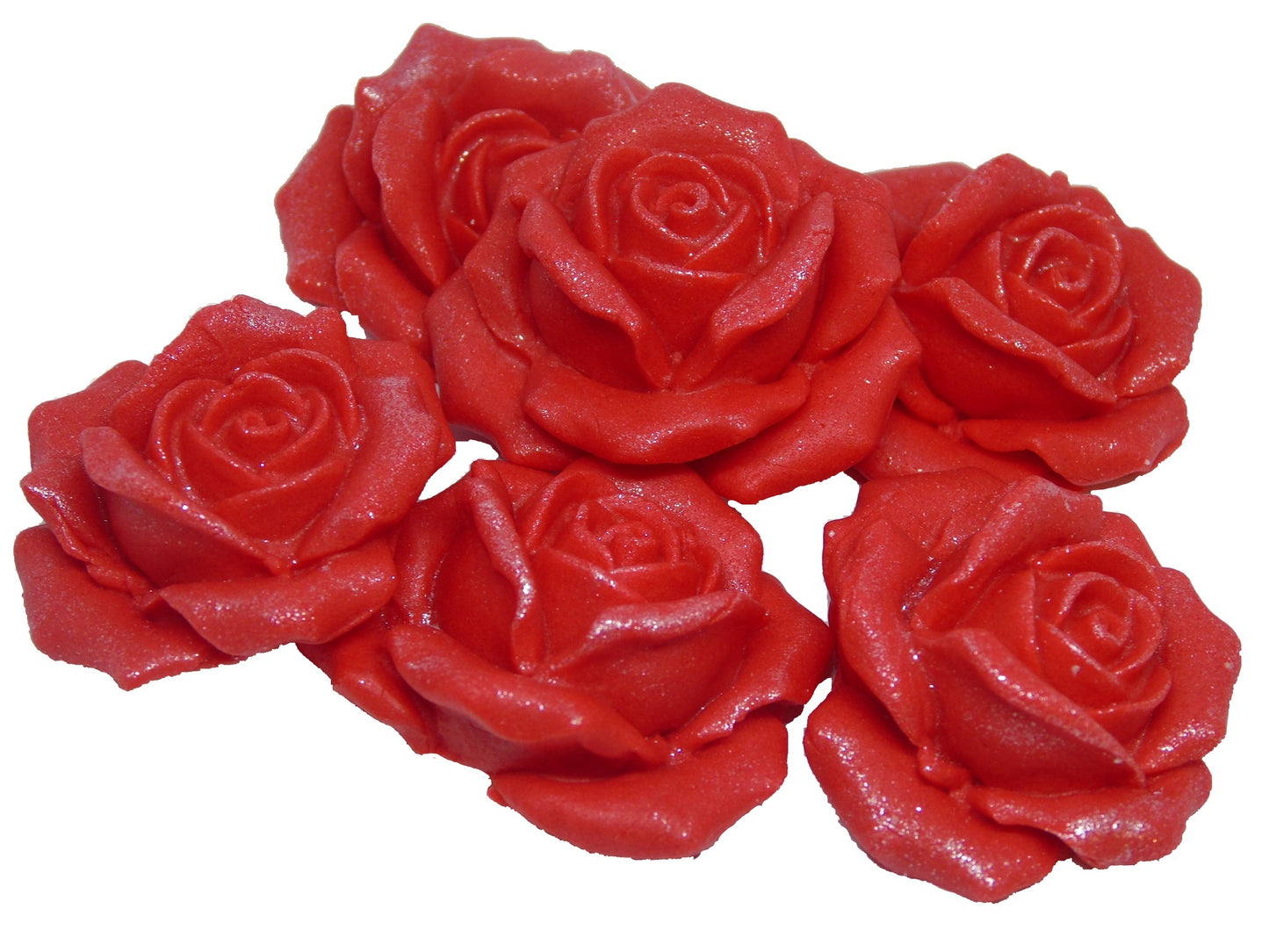 6 Red Glittered edible large roses vegan dairy free & gluten free decorations