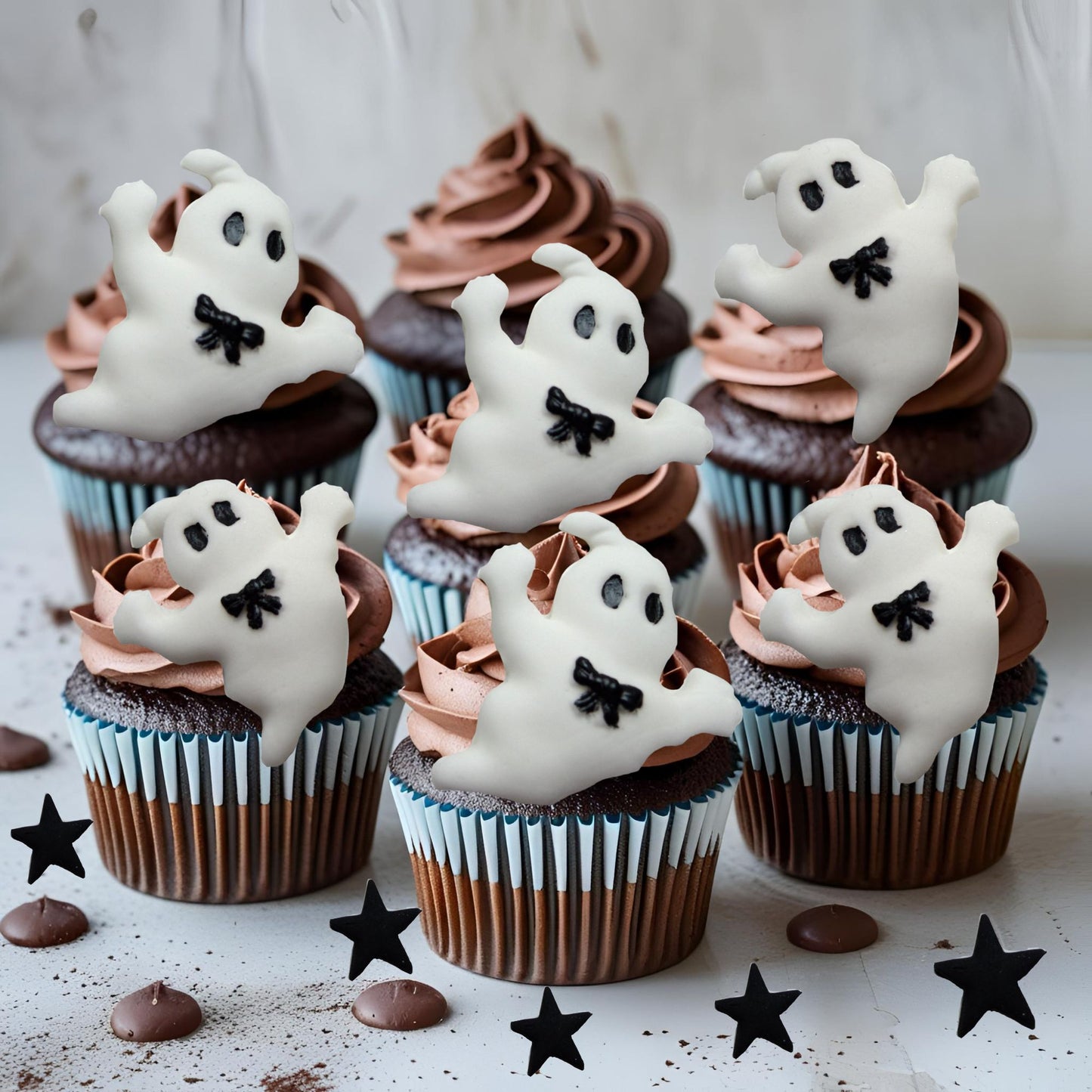 Halloween-themed cupcakes with edible ghost decorations on a light background
