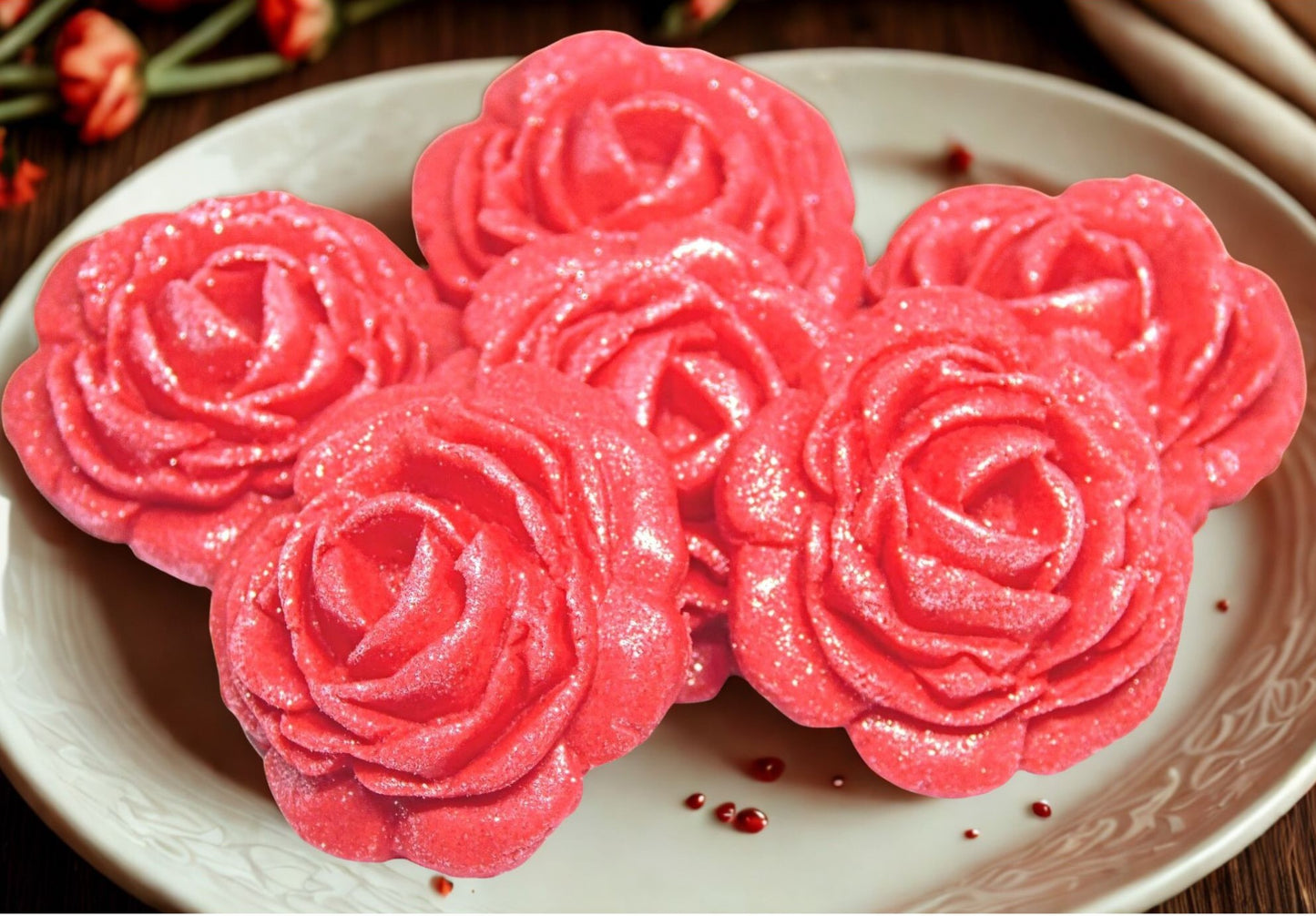 6 Large Glittered Coloured Roses Wedding Edible Cake Toppers