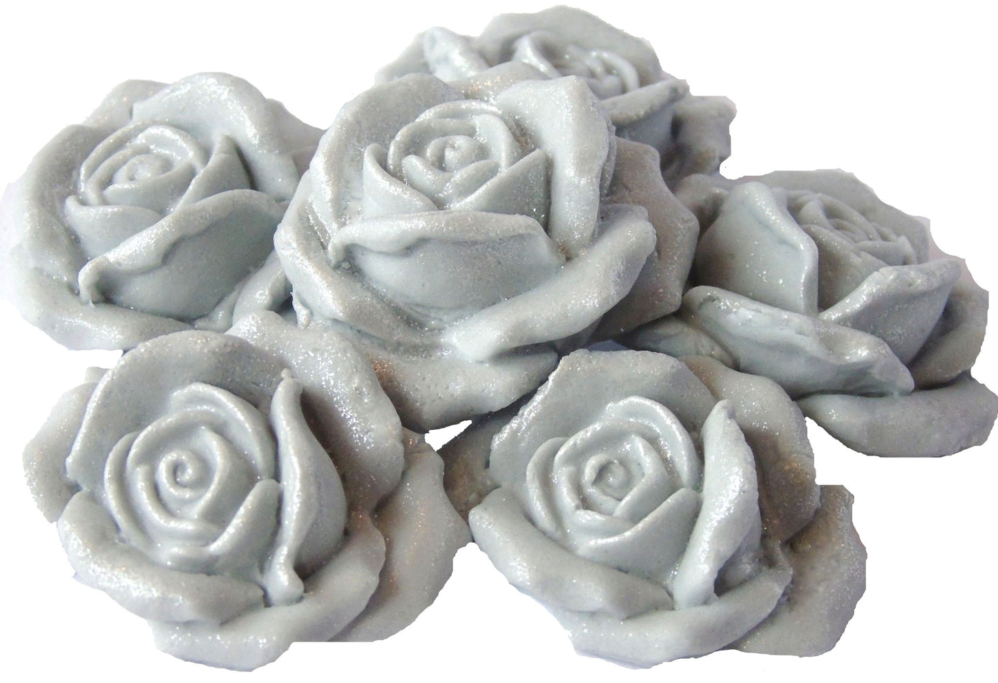 6 Silver Glittered edible large roses vegan dairy free & gluten free decorations