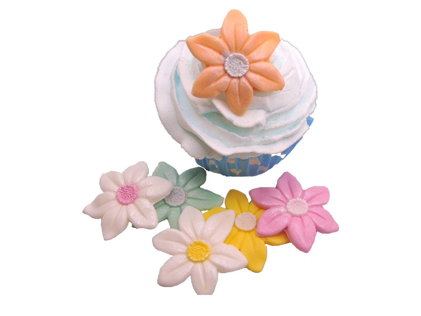 6 Handmade Glittered Pastel Flowers Edible Cupcake Toppers