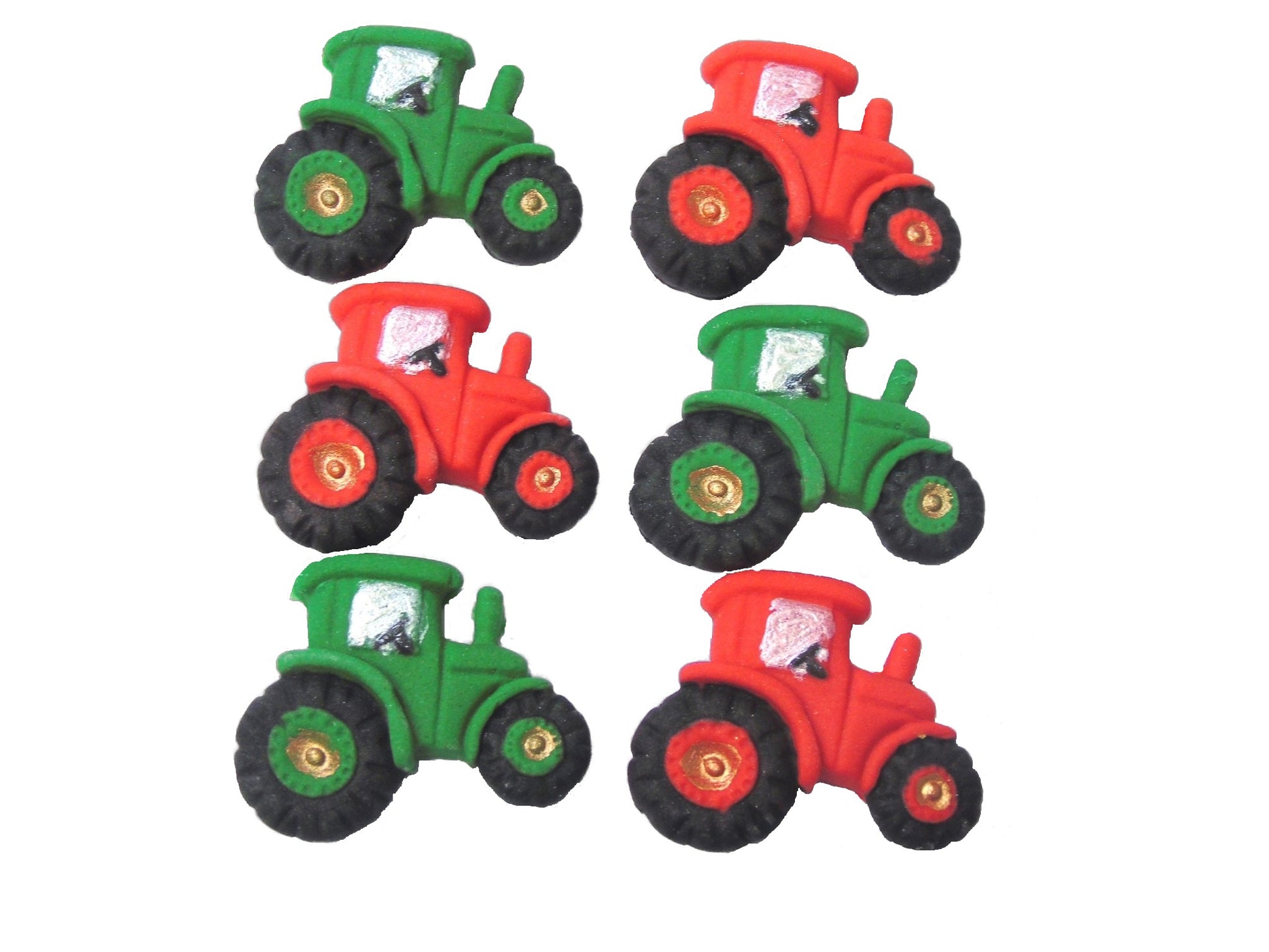 Set of 6 tractors 3 green and 3 red edible cupcake decorations