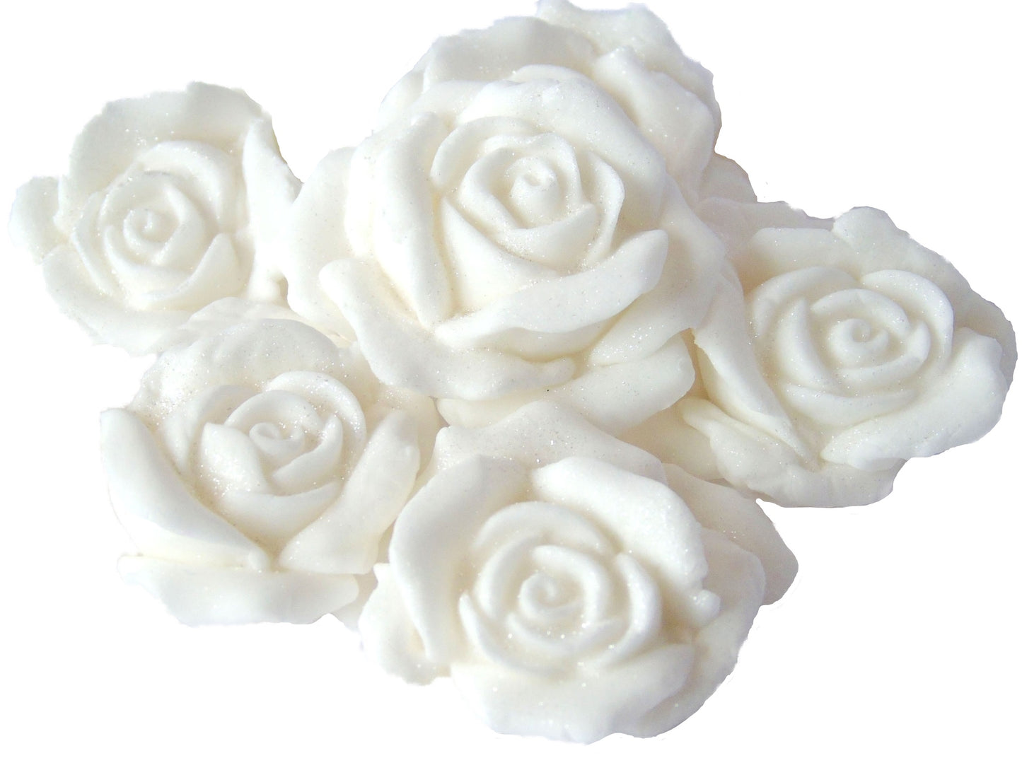 6 White Glittered edible large roses vegan dairy free & gluten free decorations