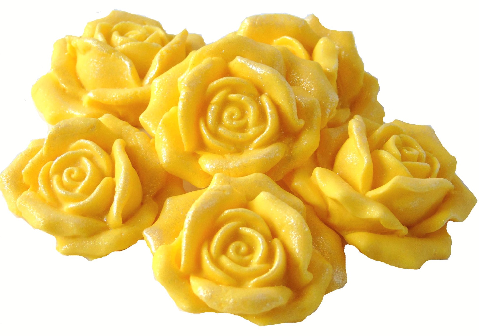 6 Yellow Glittered edible large roses vegan dairy free & gluten free decorations