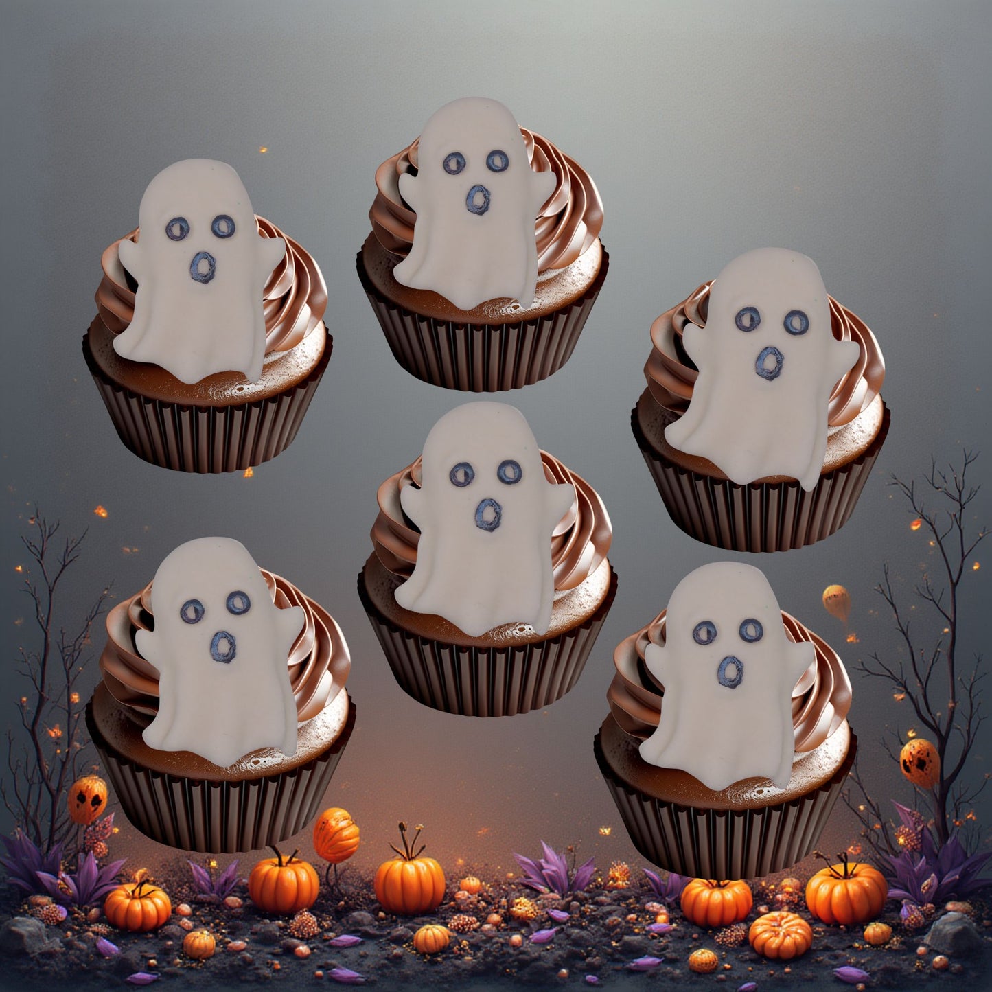 6 handmade large ghost Halloween Edible Cupcake Toppers