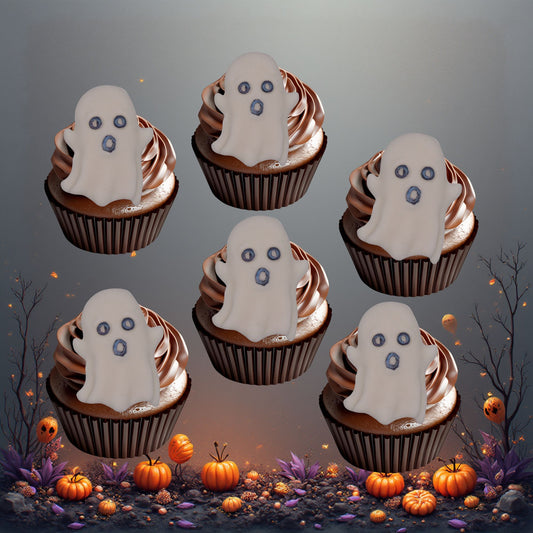 6 handmade large ghost Halloween Edible Cupcake Toppers