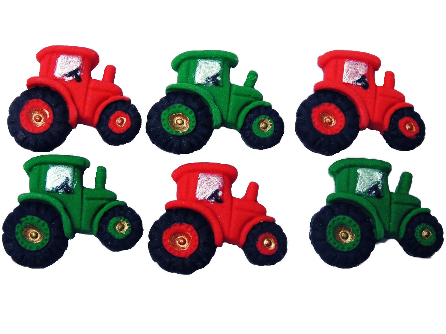 Set of 6 tractors 3 green and 3 red edible decorations