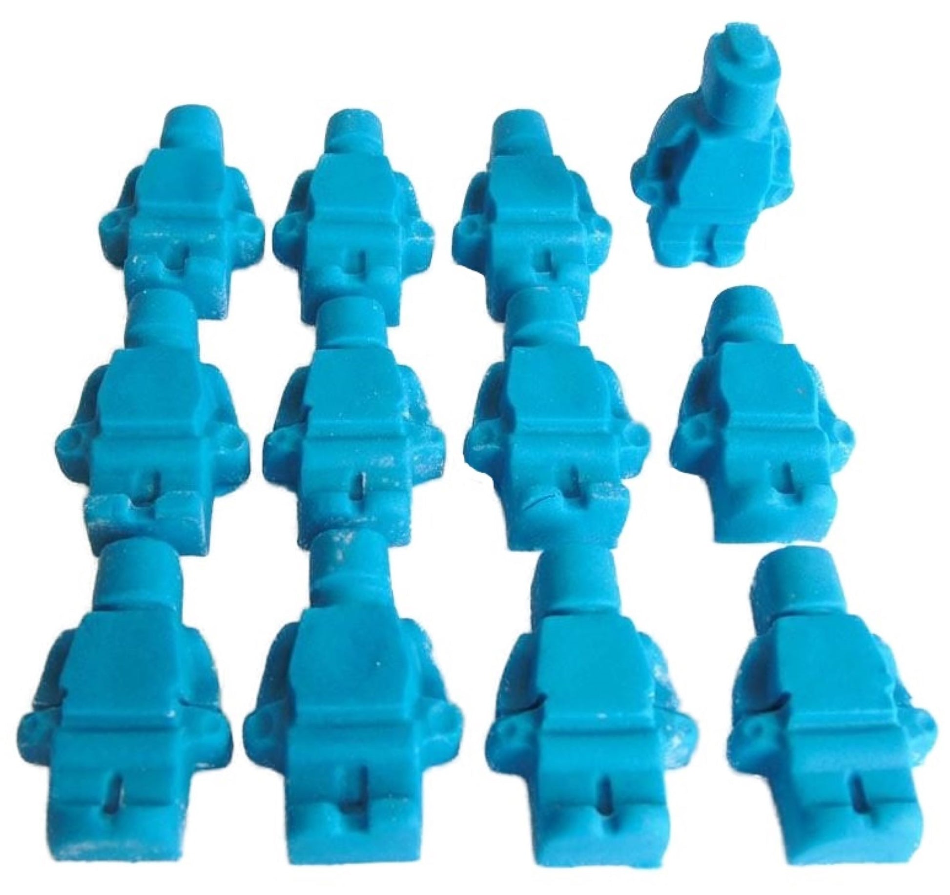 12 Blue handmade edible brick shaped men to decorate your cupcakes and cakes. All are Dairy and Gluten free as well as suitable for vegans.