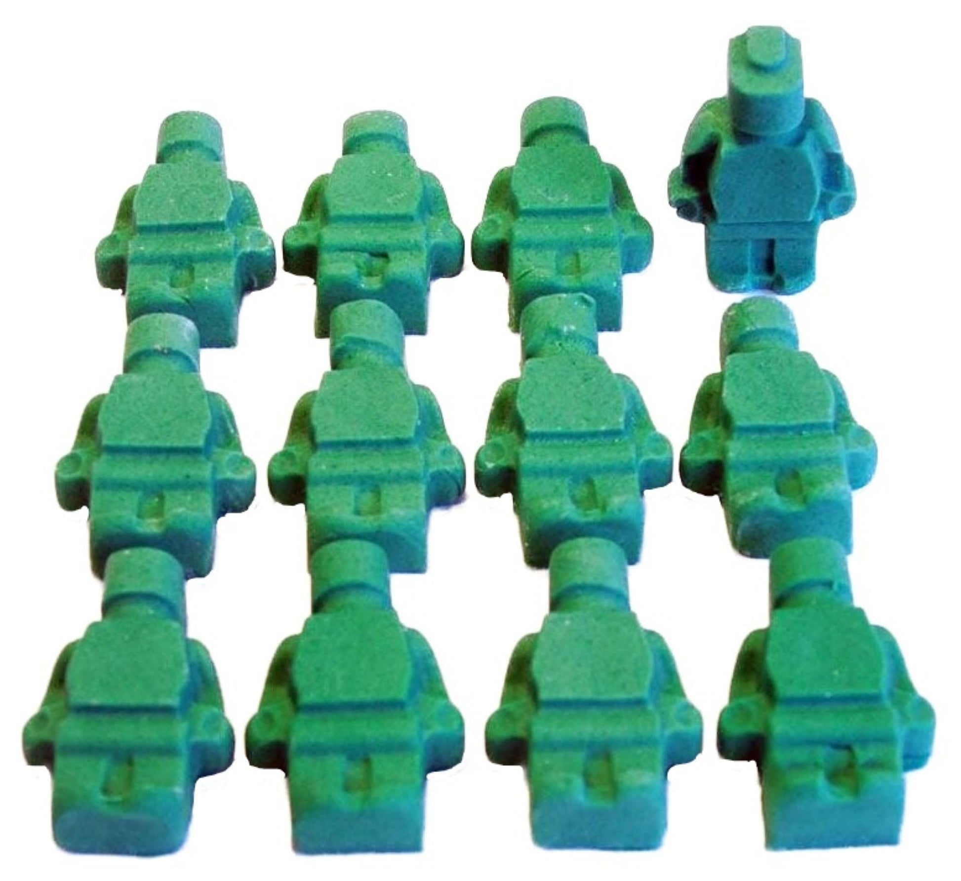 12 Green handmade edible brick shaped men to decorate your cupcakes and cakes. All are Dairy and Gluten free as well as suitable for vegans.