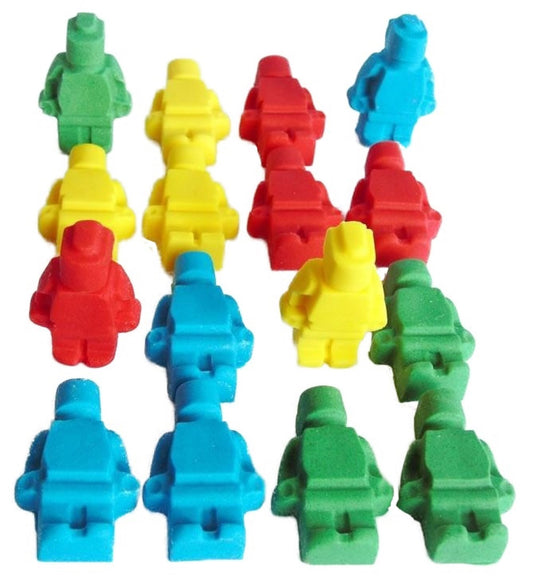 A selection of  edible mixed coloured brick shaped men - Red, Blue, Green and yellow to decorate your cupcakes and cakes. All are Dairy and Gluten free as well as suitable for vegans.