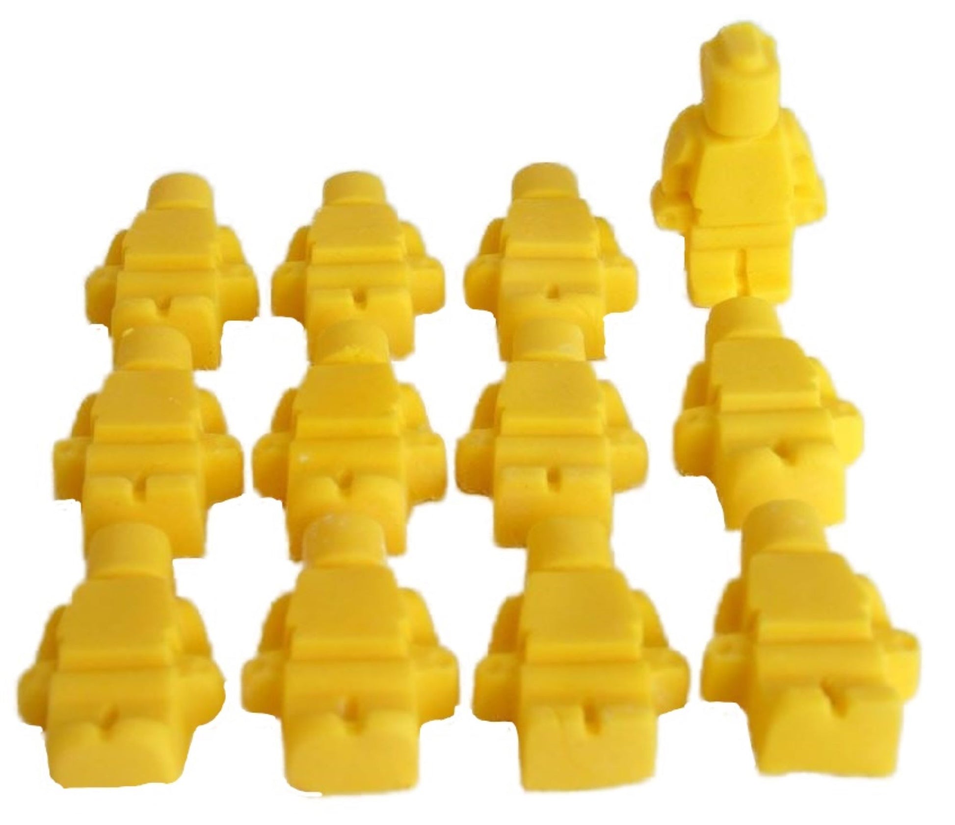 12 Yellow handmade edible brick shaped men to decorate your cupcakes and cakes. All are Dairy and Gluten free as well as suitable for vegans.