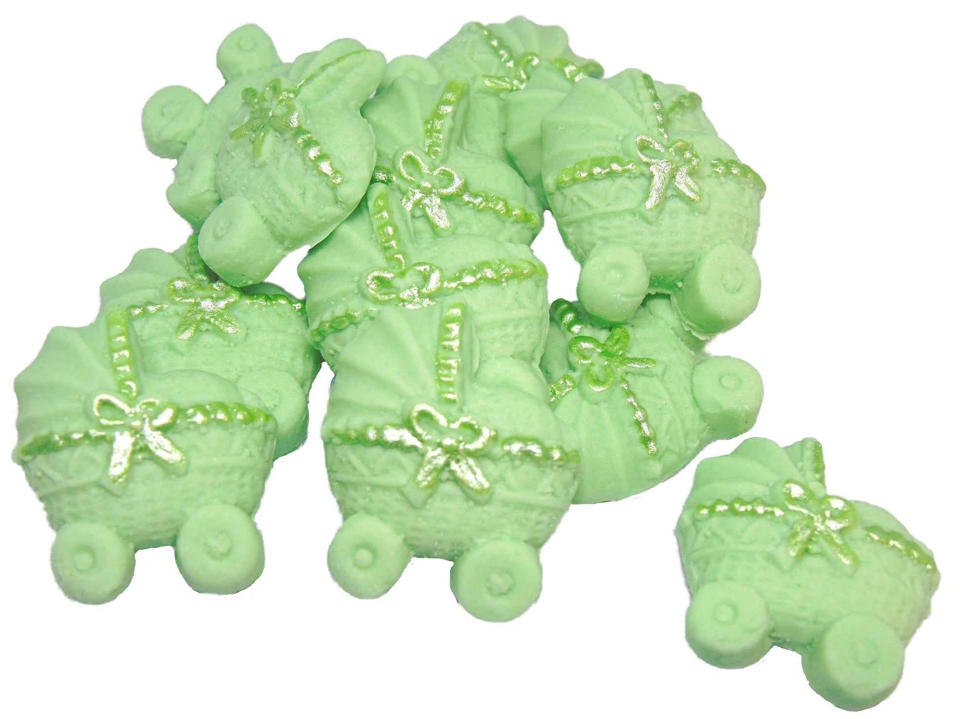 12 Green coloured Edible Prams ideal for a Baby Shower . Vegan, Dairy & Gluten Free cupcake topper decorations
