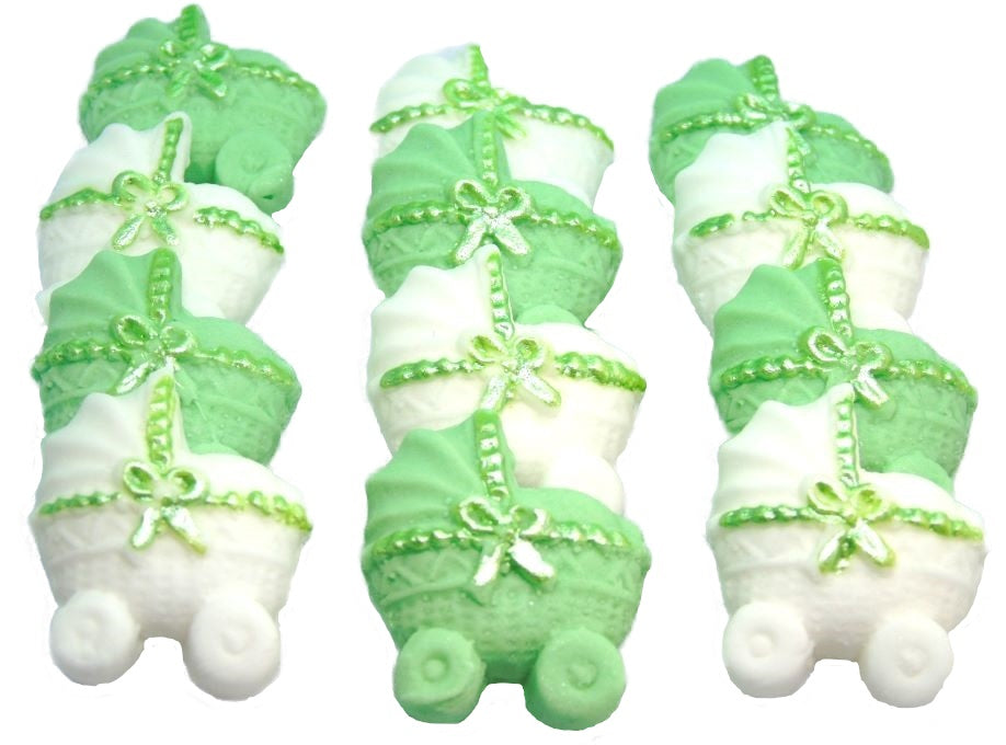 12 Green & White Mixed coloured Edible Prams ideal for a Baby Shower . Vegan, Dairy & Gluten Free cupcake topper decorations