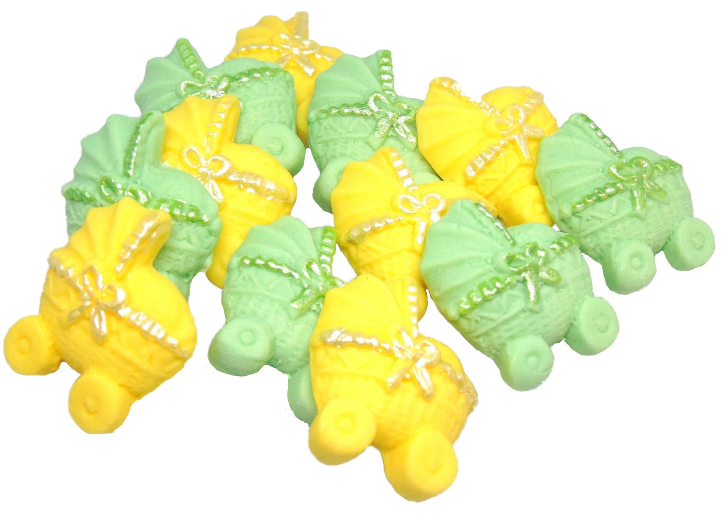 12 Green & Yellow Mixed coloured Edible Prams ideal for a Baby Shower . Vegan, Dairy & Gluten Free cupcake topper decorations