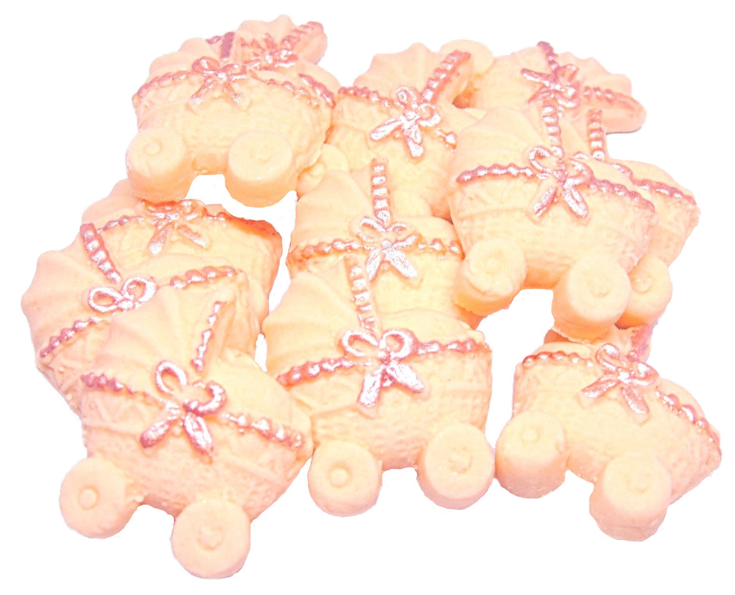 12 Peach coloured Edible Prams ideal for a Baby Shower . Vegan, Dairy & Gluten Free cupcake topper decorations