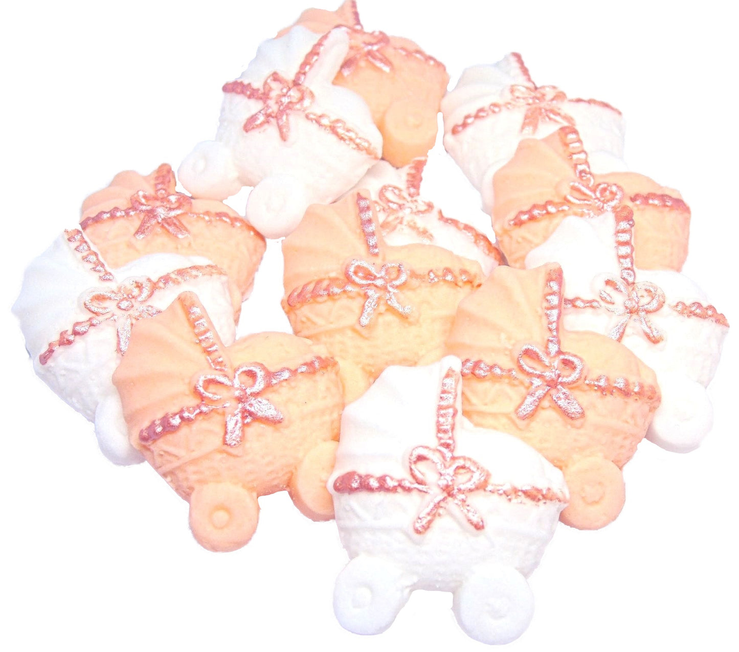 12 Peach & White Mixed coloured Edible Prams ideal for a Baby Shower . Vegan, Dairy & Gluten Free cupcake topper decorations