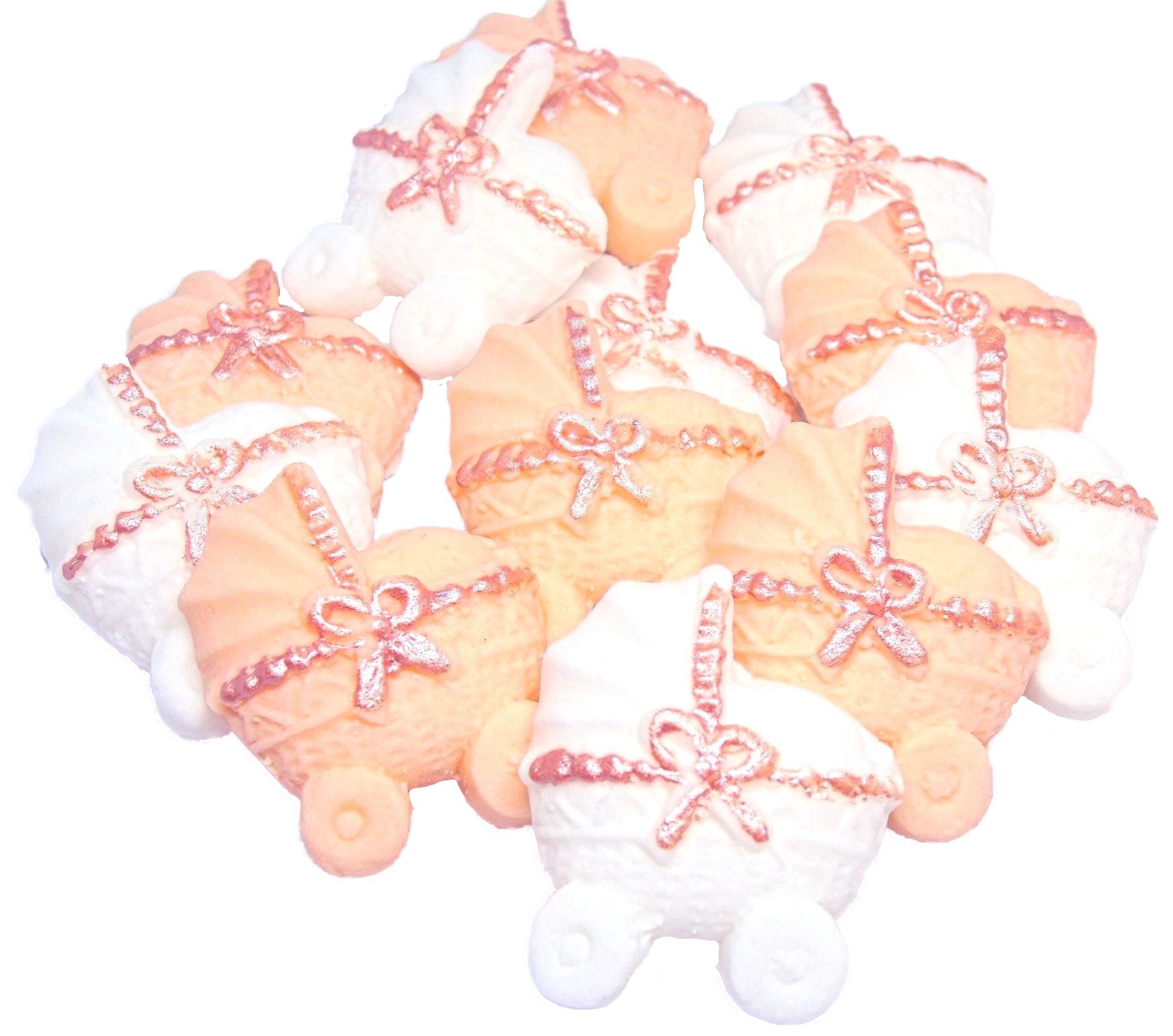 12 Peach & White Mixed coloured Edible Prams ideal for a Baby Shower . Vegan, Dairy & Gluten Free cupcake topper decorations