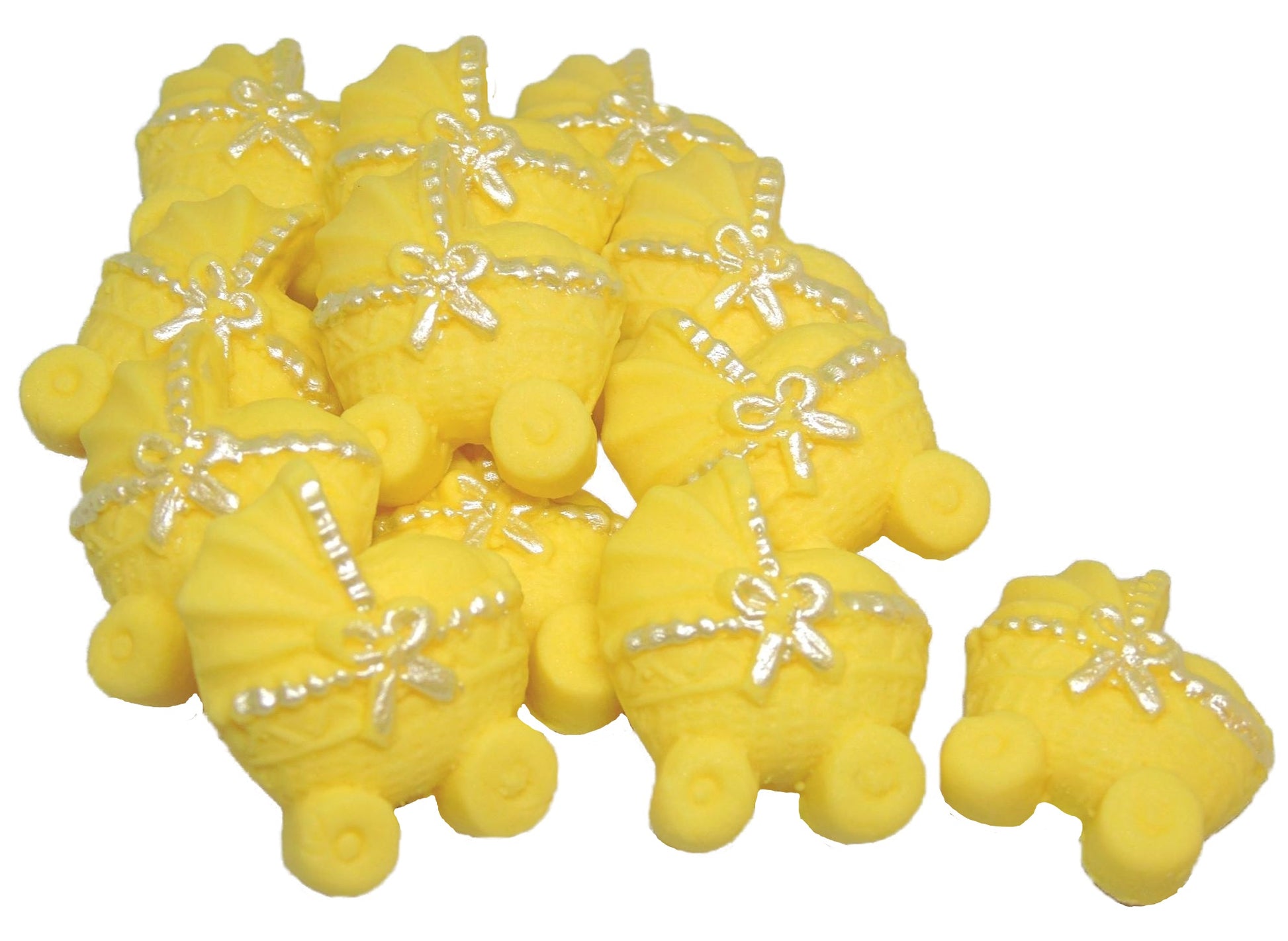 12 Yellow coloured Edible Prams ideal for a Baby Shower . Vegan, Dairy & Gluten Free cupcake topper decorations