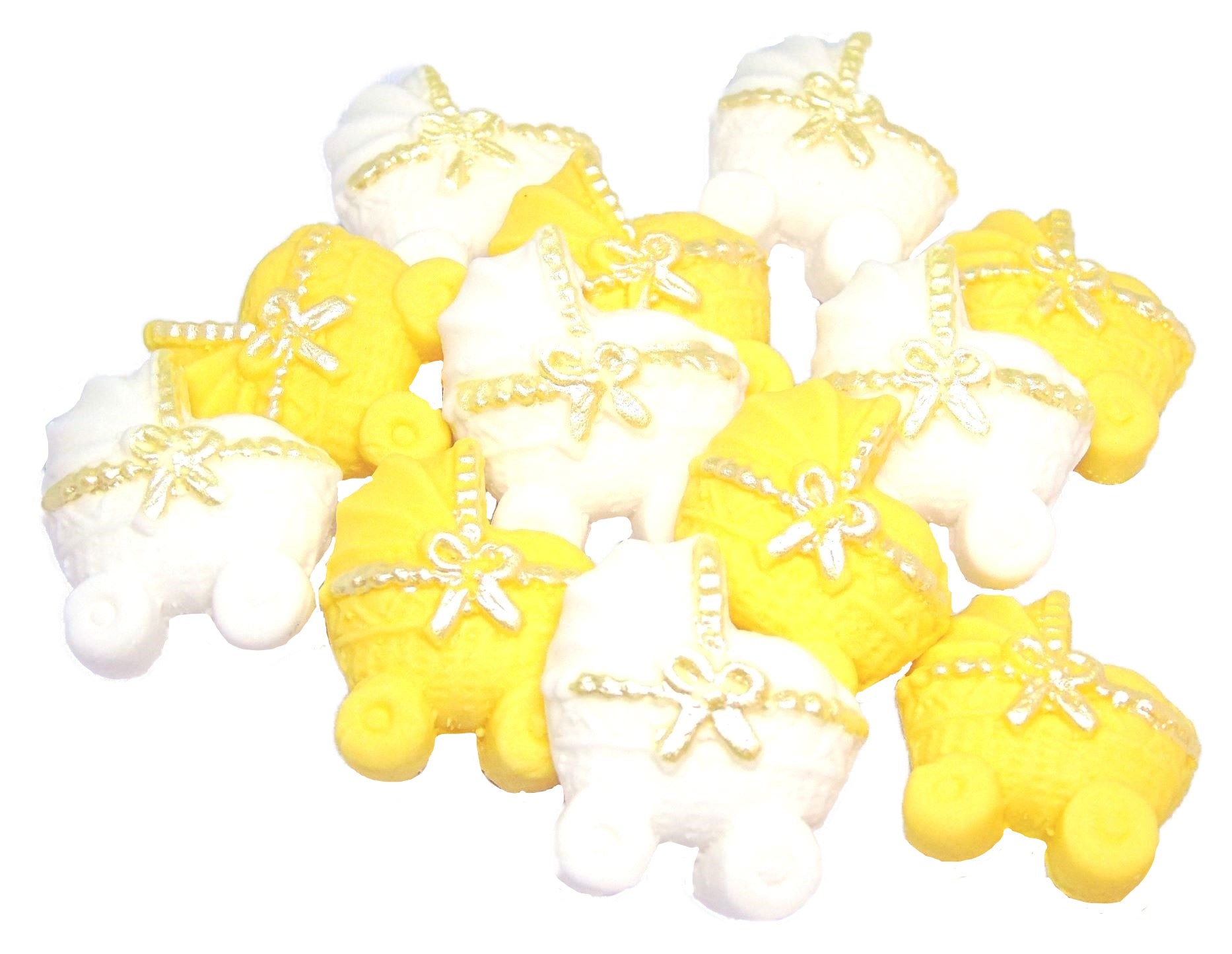 12 Yellow & White Mixed coloured Edible Prams ideal for a Baby Shower . Vegan, Dairy & Gluten Free cupcake topper decorations