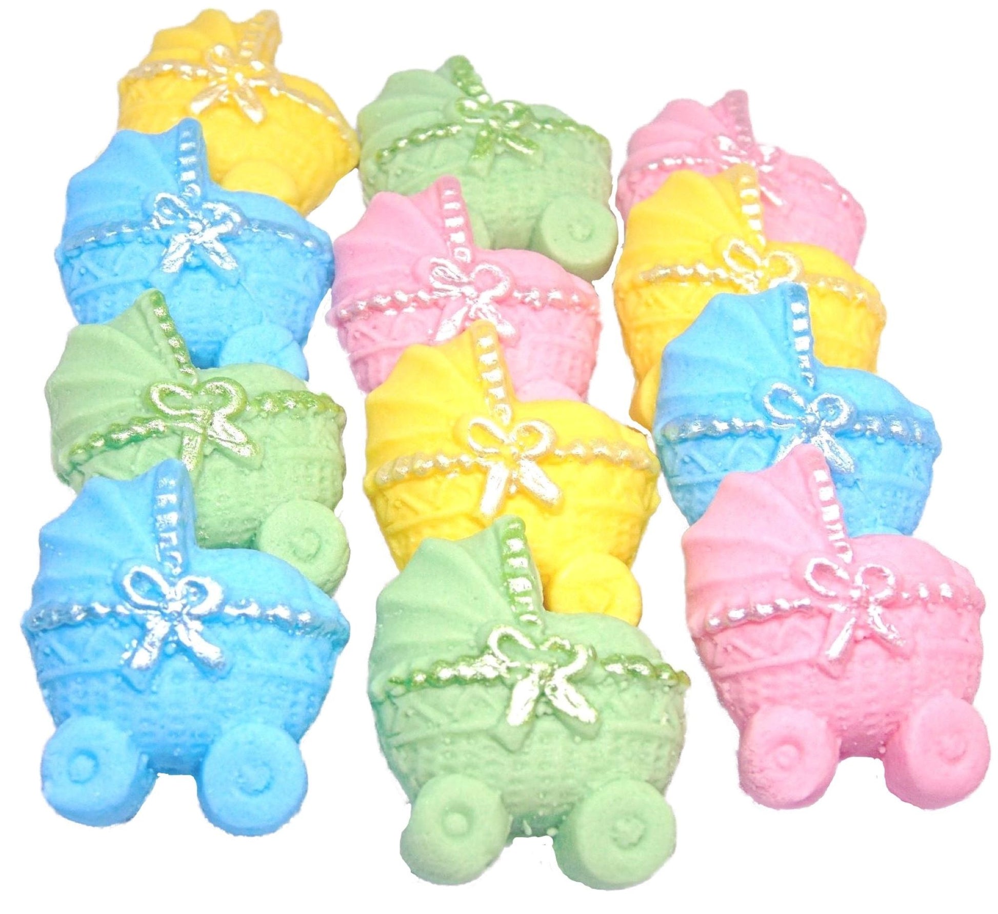 12 Mixed coloured Edible Prams, Baby Shower Vegan, Dairy & Gluten Free cupcake topper decorations. Mix of yellow, Green, Blue and Pink