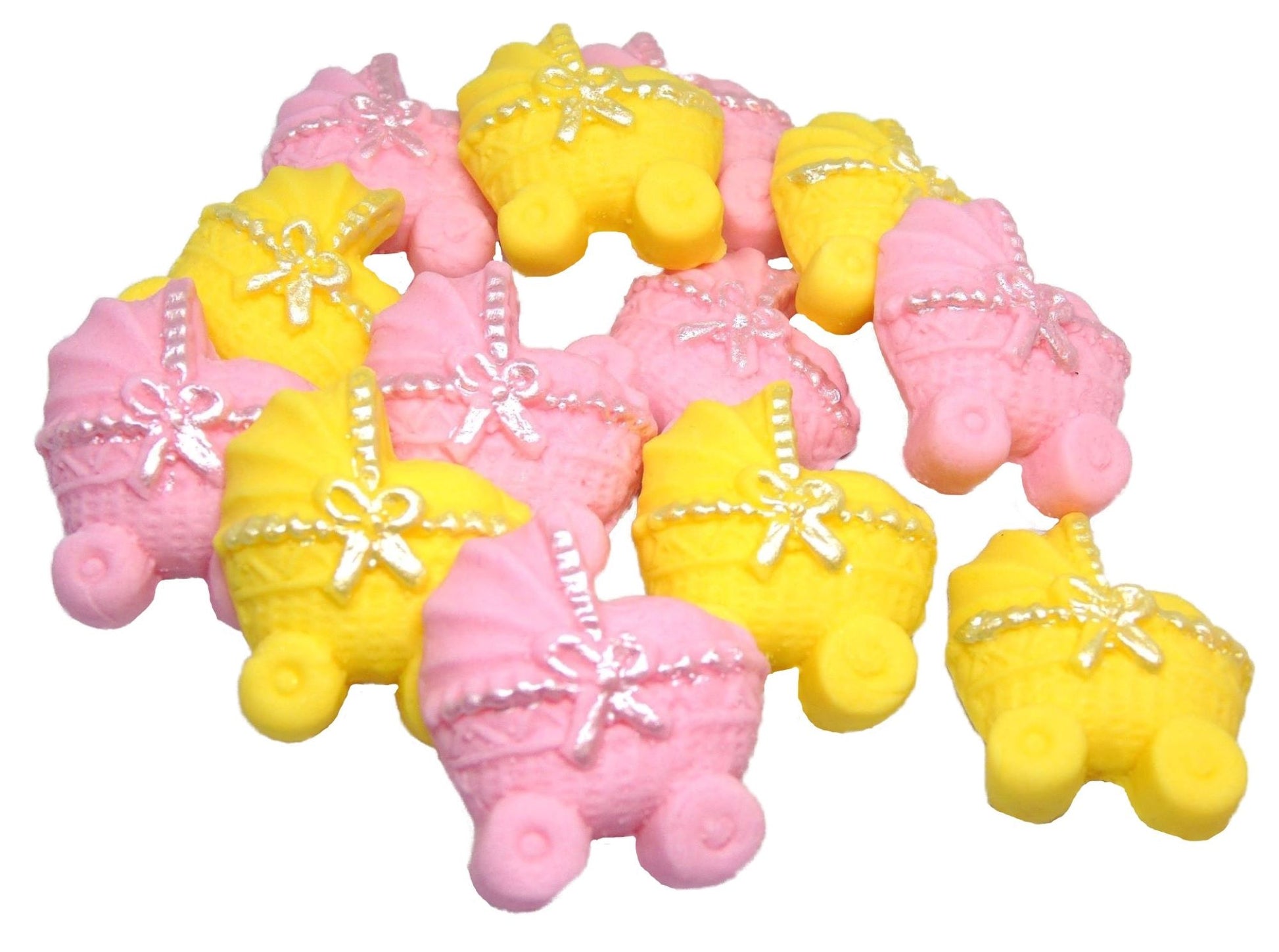 12 Pink & Yellow Mixed coloured Edible Prams ideal for a Baby Shower . Vegan, Dairy & Gluten Free cupcake topper decorations
